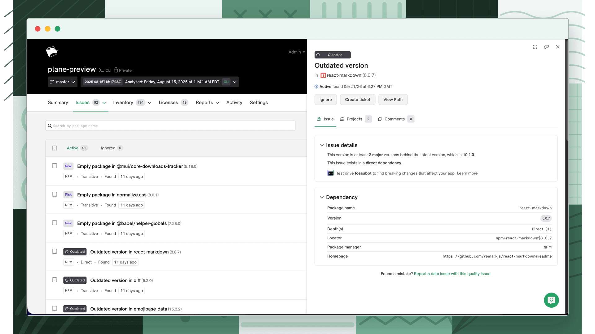 Quality issue detail showing an Outdated badge, Outdated version title for react-markdown, Active status, Ignore, Create Ticket, and View Path action buttons, and Issue details showing the package is 2 major versions behind
