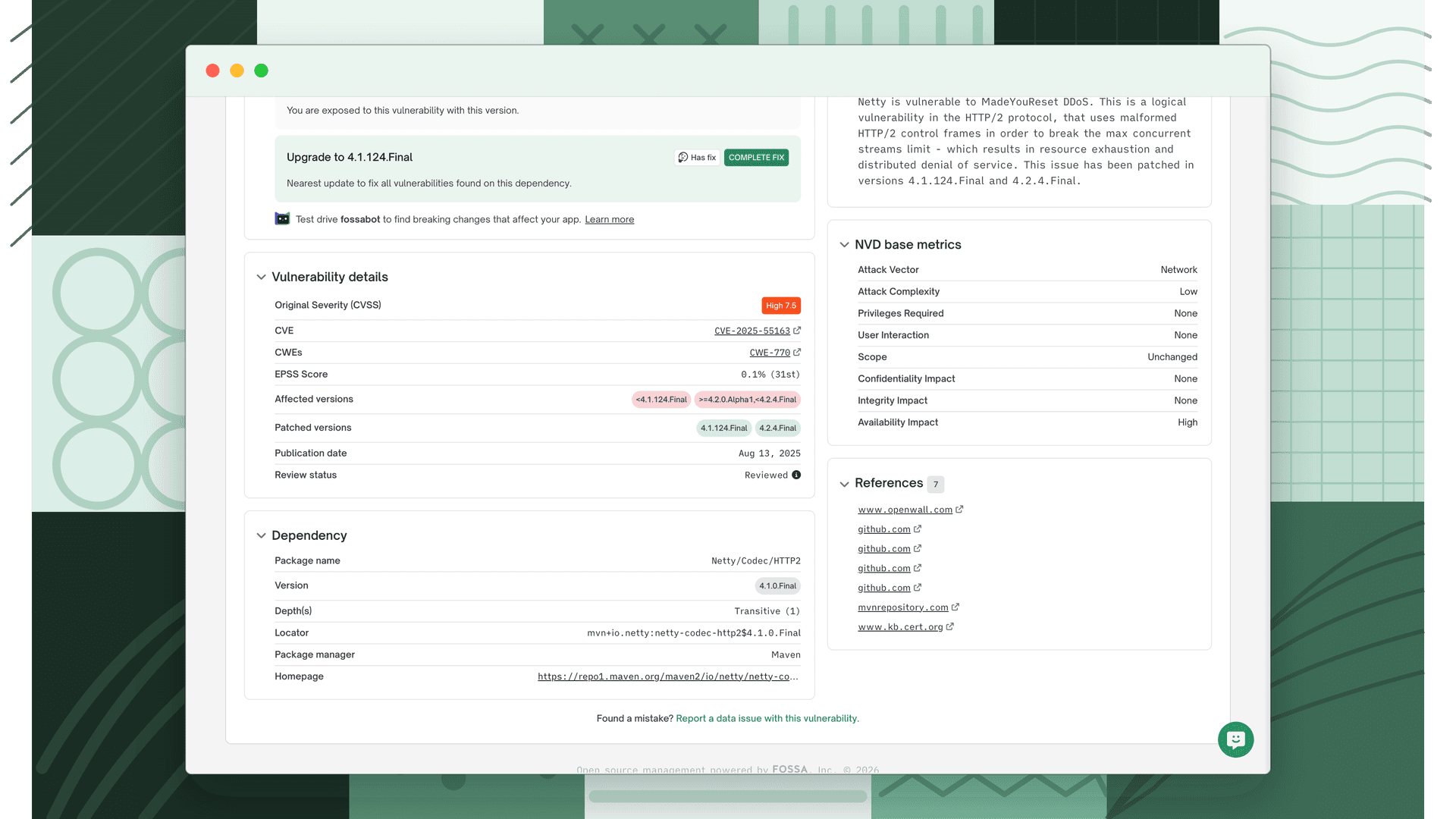 Issue tab showing Vulnerability details with CVSS score, CVE and CWE links, EPSS score, affected and patched versions, NVD base metrics table, references, and dependency details