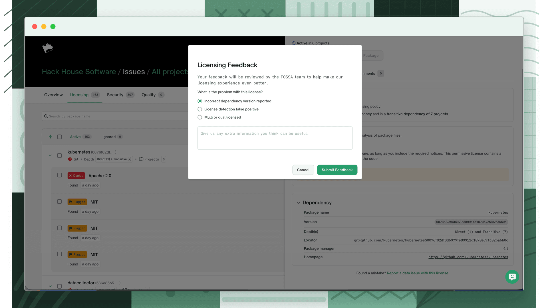 Licensing Feedback dialog showing the dispute reason options and comment field