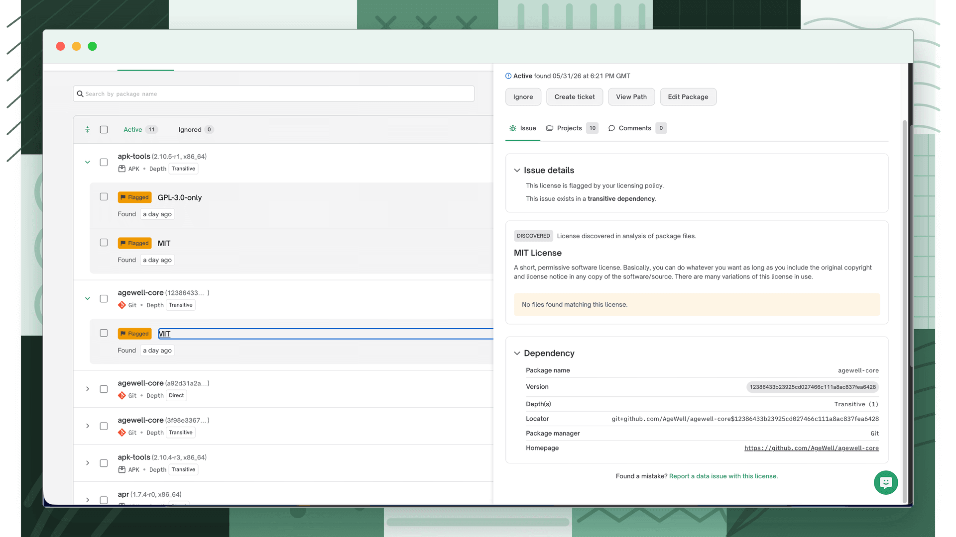 Issue detail panel showing the 'Found a mistake? Report a data issue with this license.' link in the footer