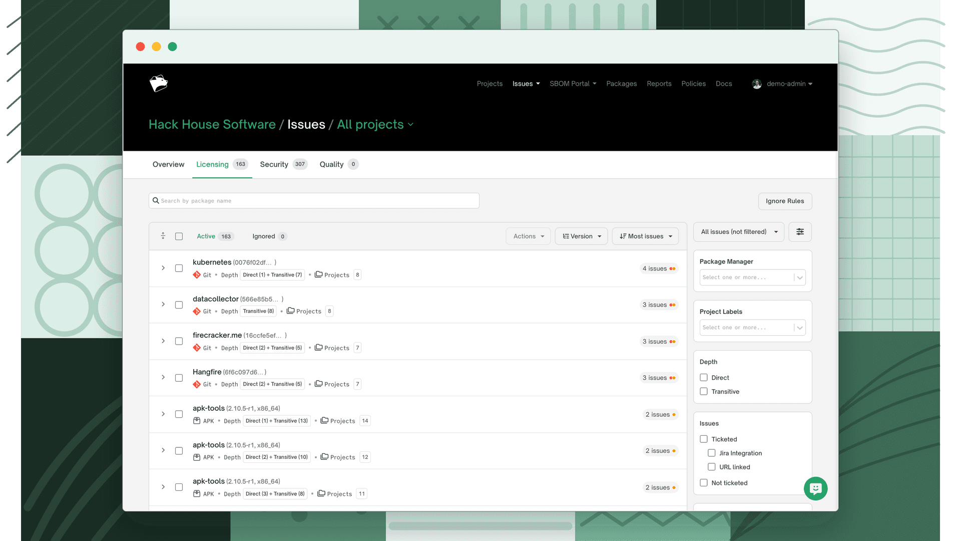 Global Licensing issues page showing 163 active issues with the filter panel on the right including Depth, Ticket, Issue Type, Licenses, First Found, and Package Manager filter groups