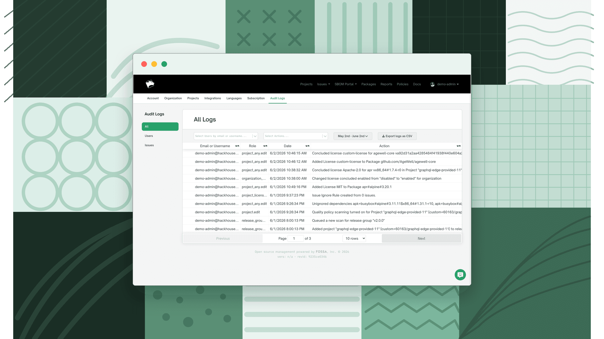 Audit Logs page showing the activity table with email, role, date, and action columns and the filter bar