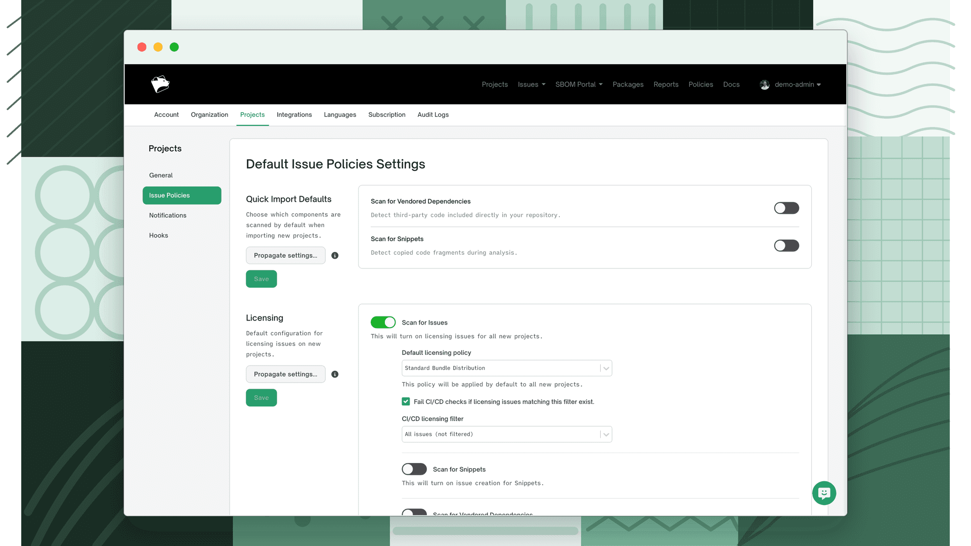Organization Issue Policies settings page
