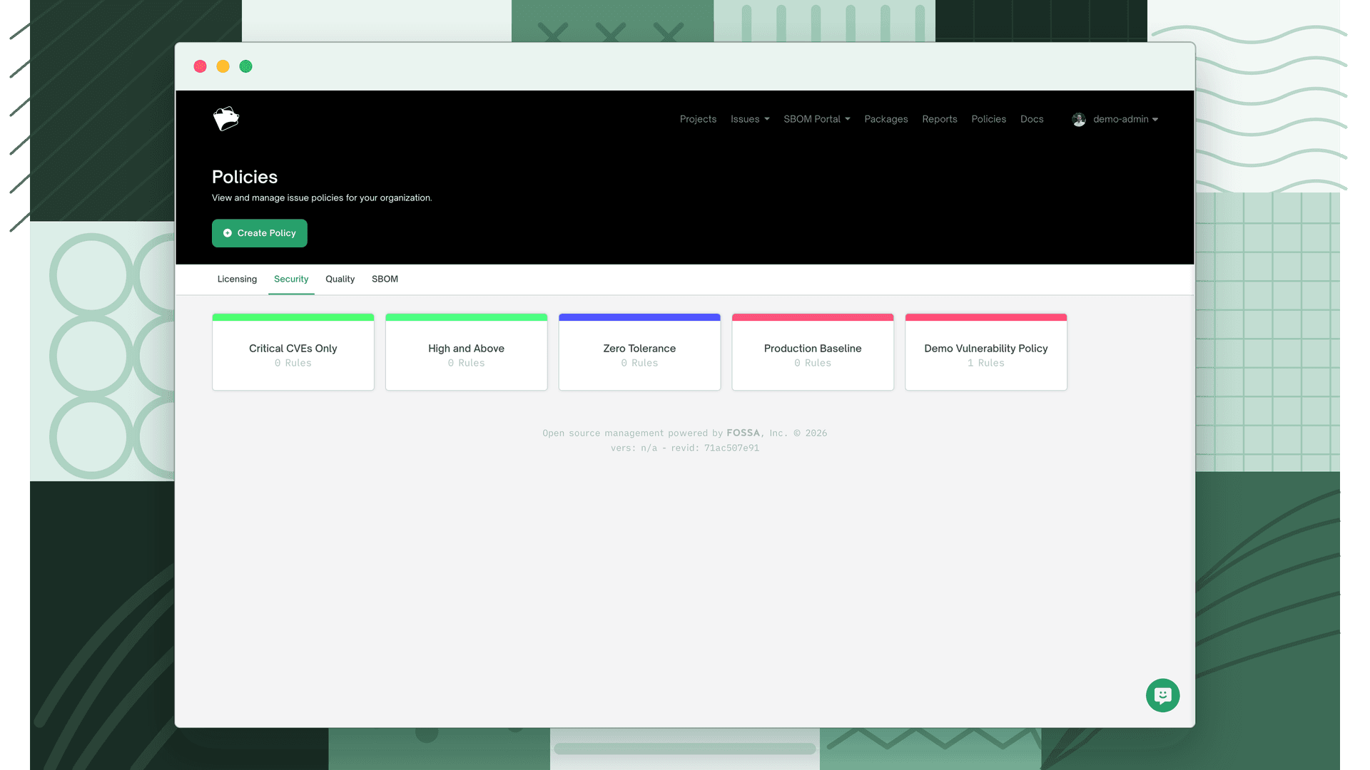 Security tab of the Policies page