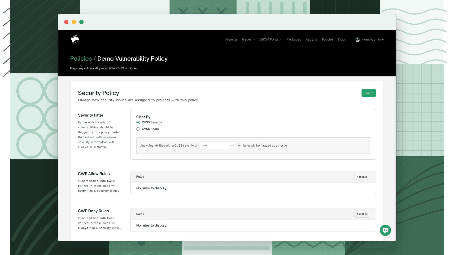 Security Policy configuration screen