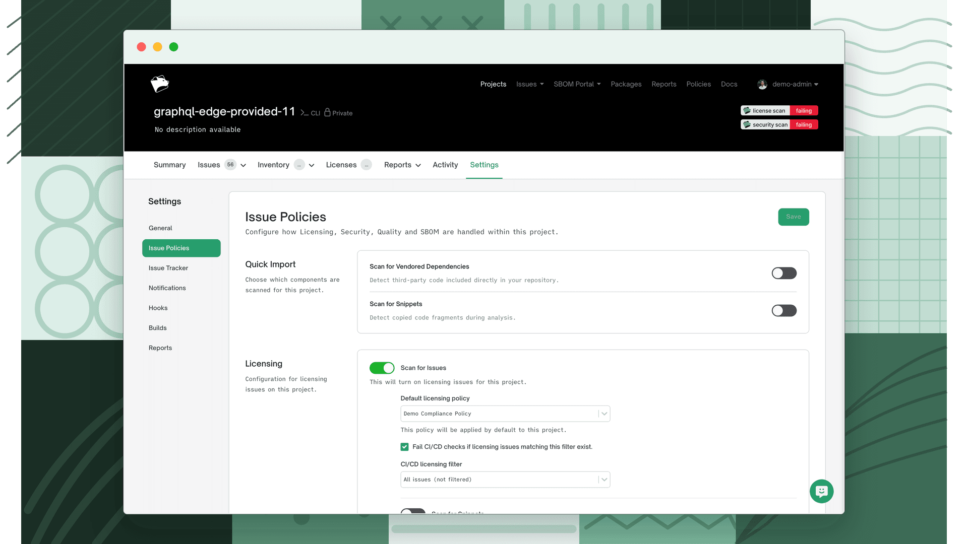 Project Issue Policies settings