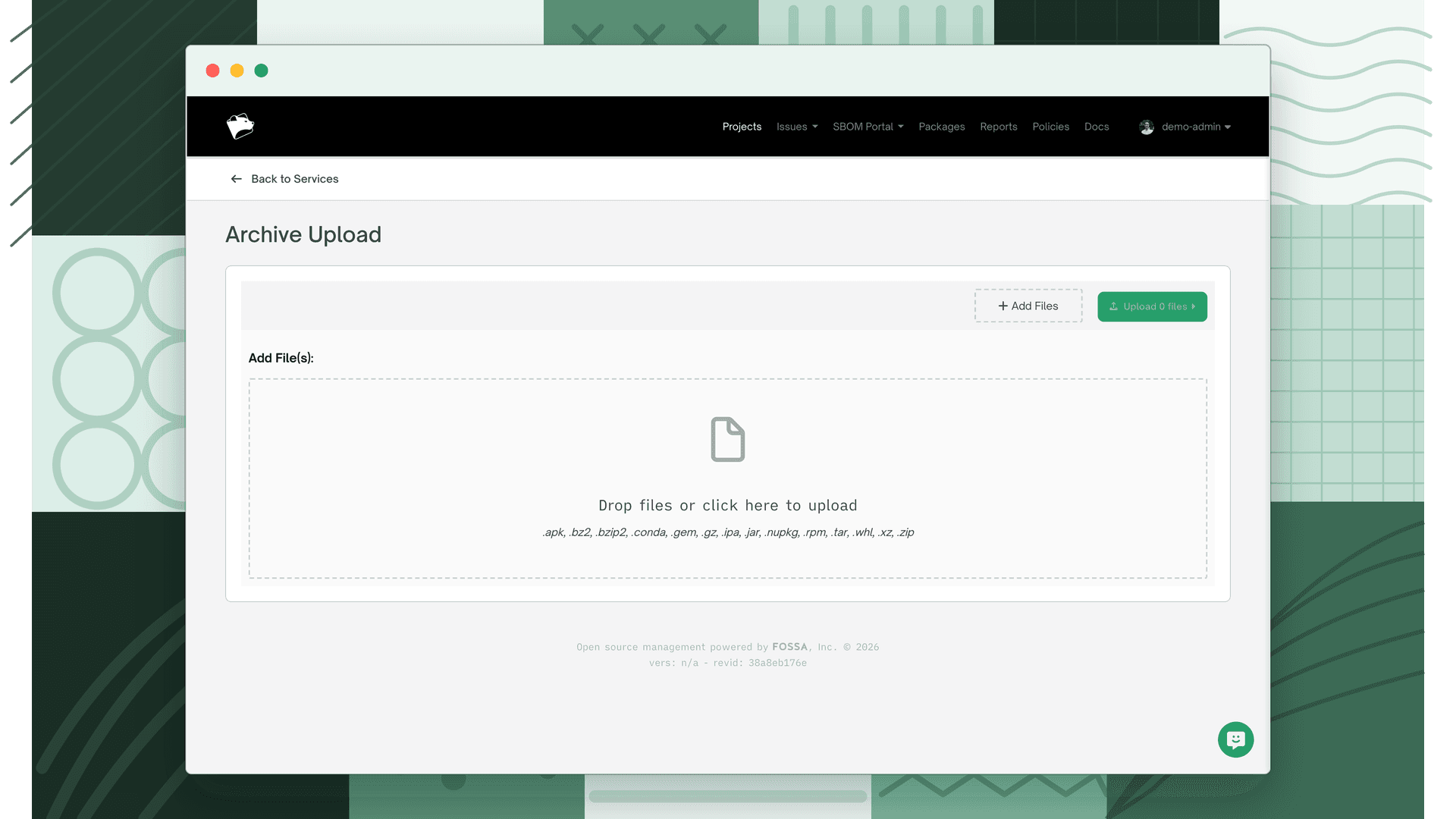 Archive Upload page with file drop area and accepted format list
