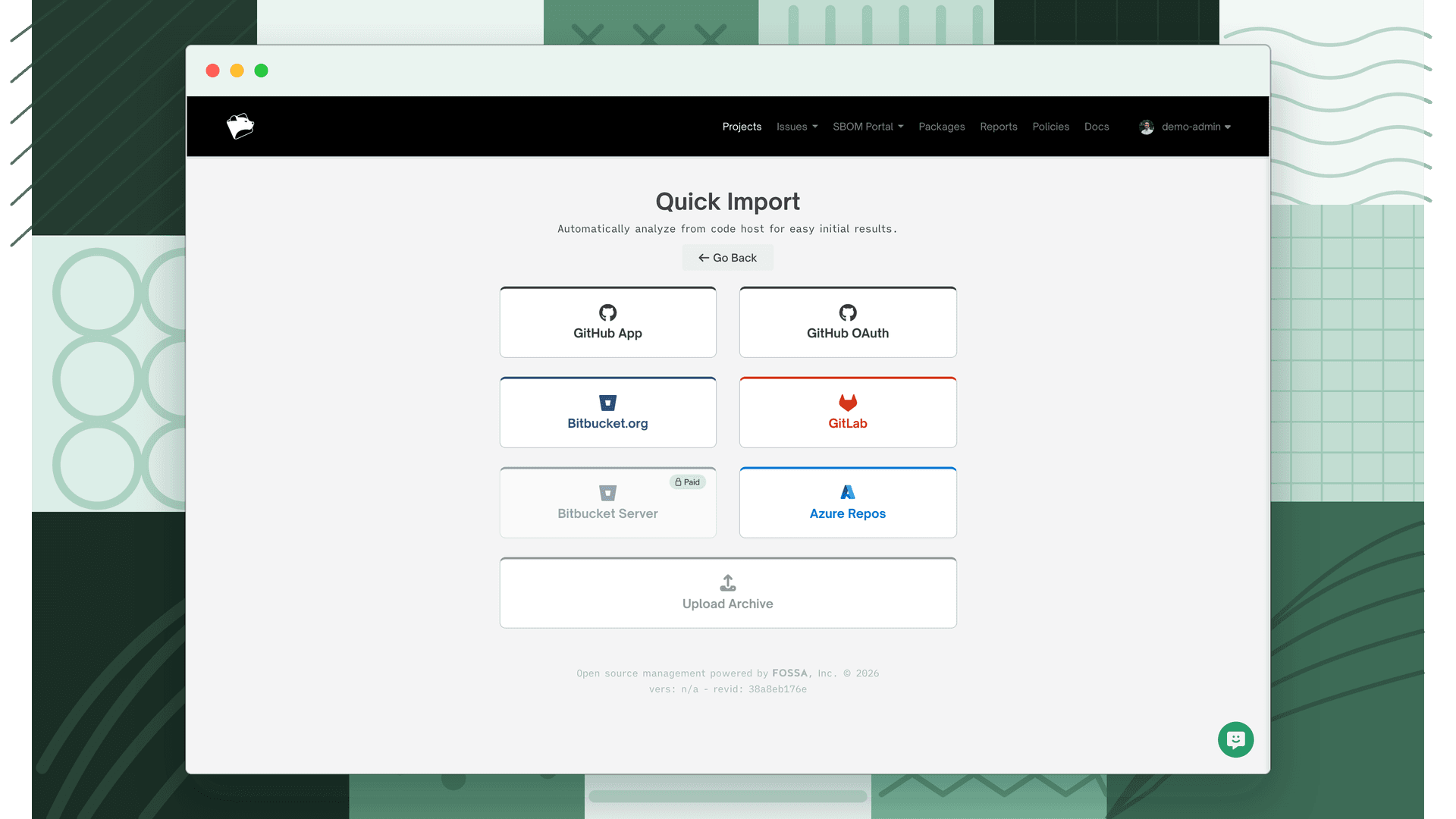 Quick Import screen with VCS host options and the Upload Archive tile at the bottom