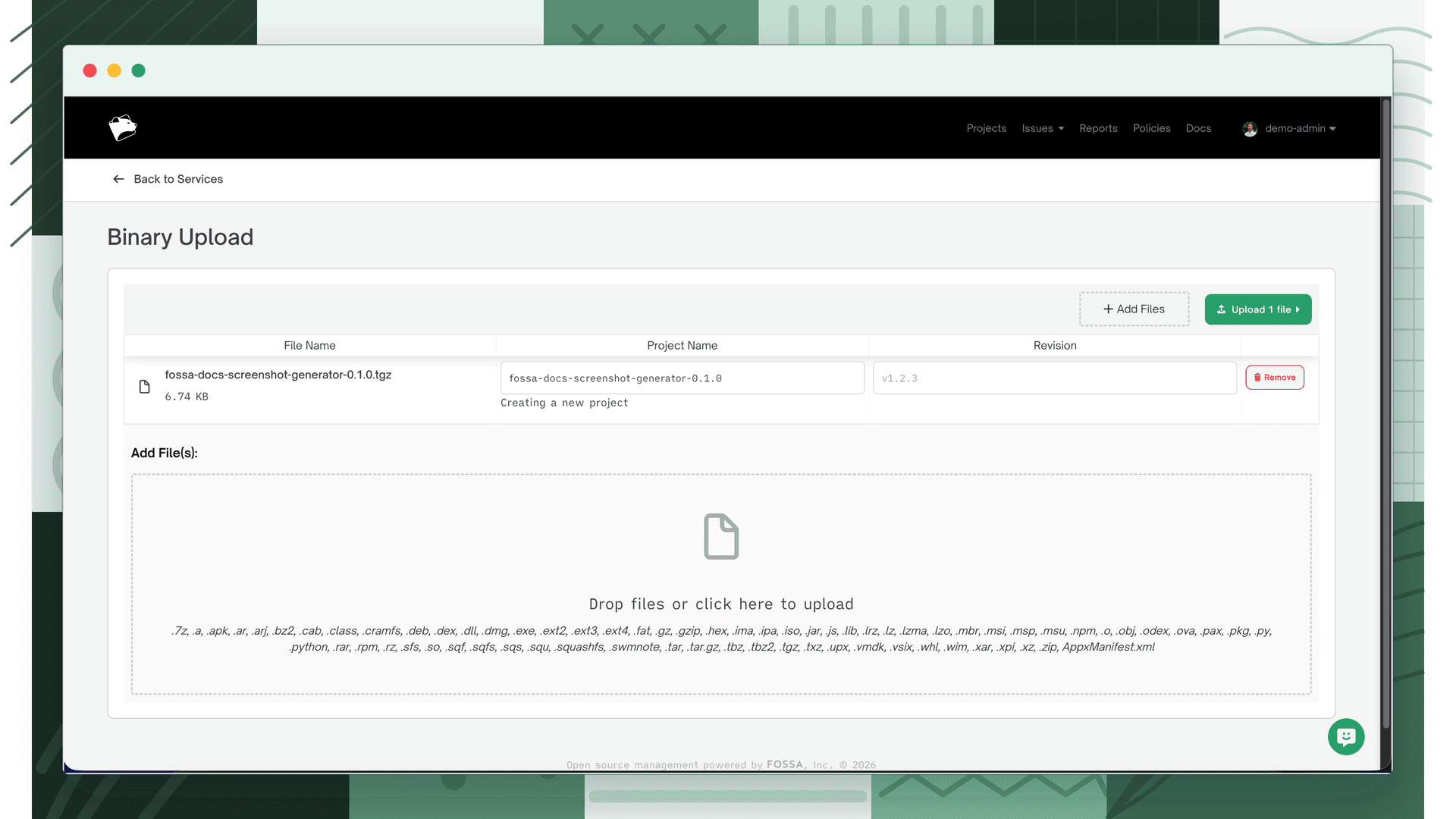 Archive Upload page with a file queued and the Upload button active