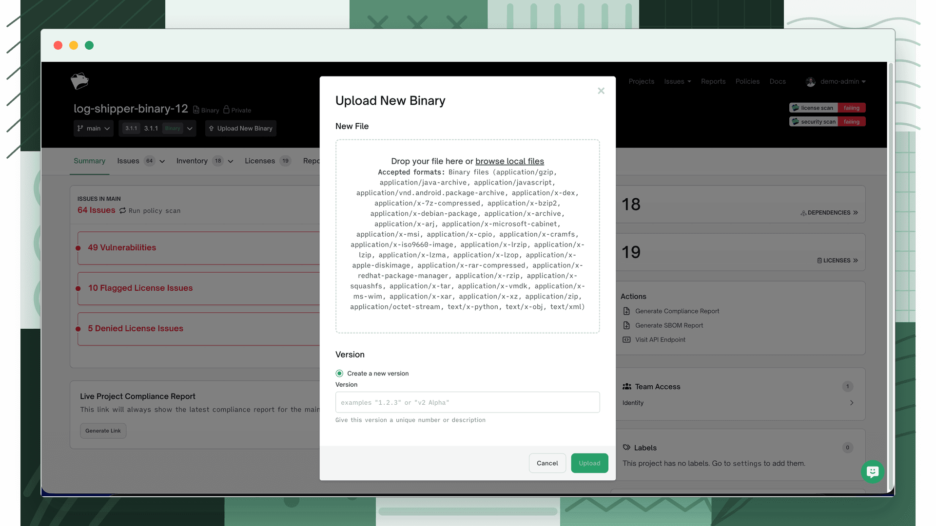 Upload New Binary modal for adding a new revision to an existing binary project
