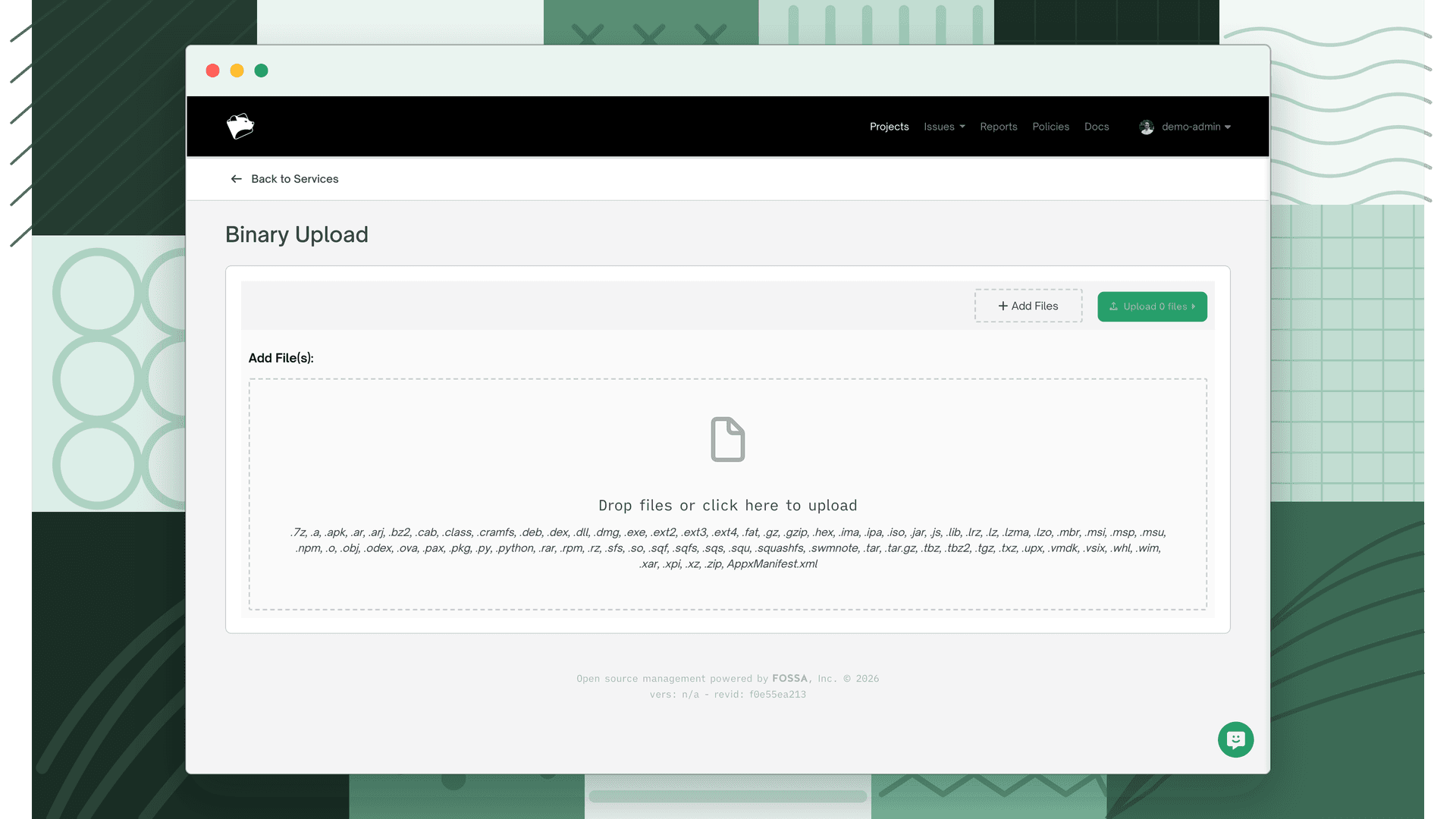 Binary Upload wizard showing the drop zone and supported file formats