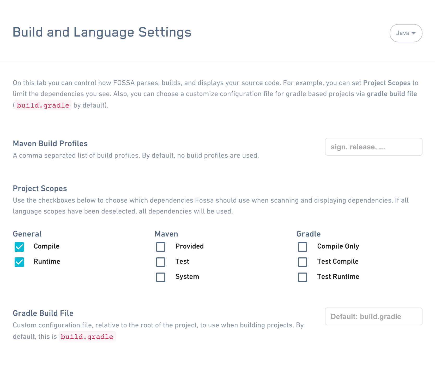 Java ecosystem settings under Project Settings, Builds & Languages, Java