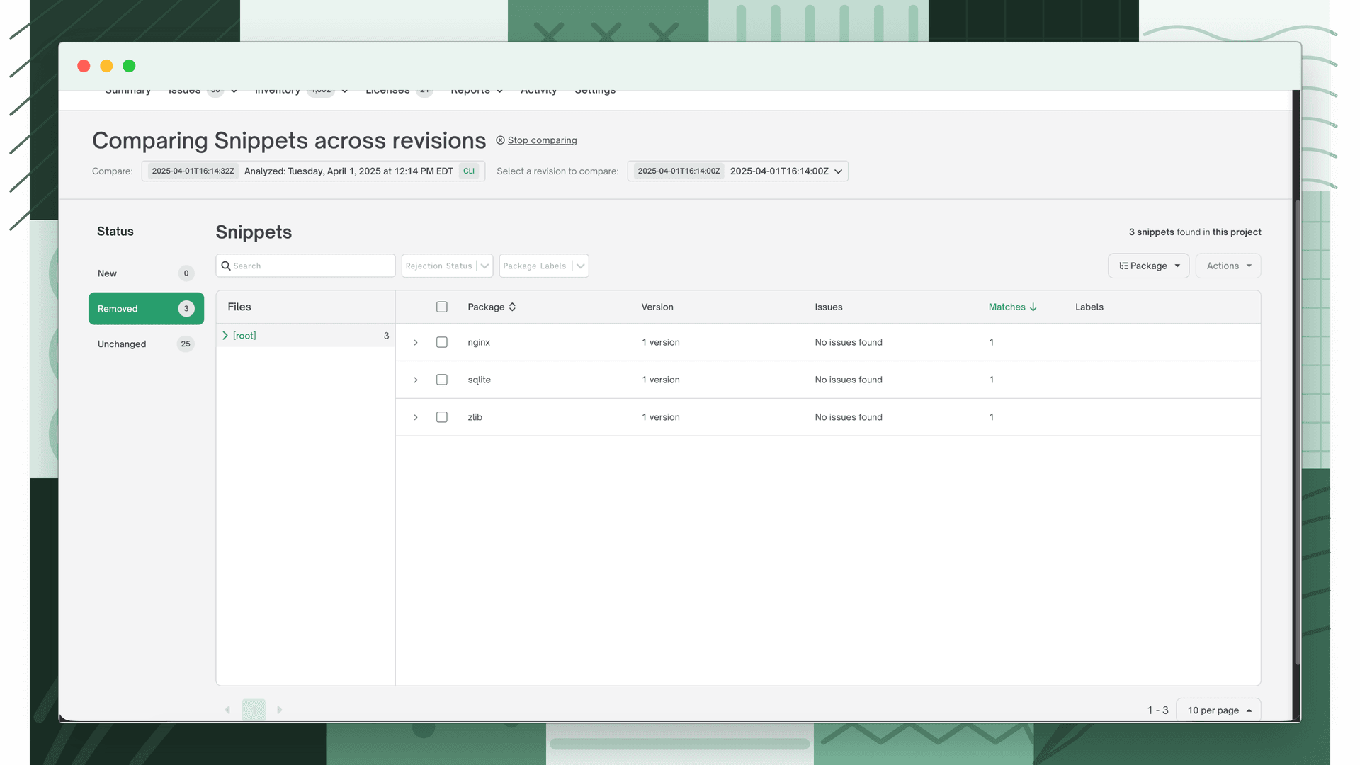 The Comparing Snippets across revisions view, with New, Removed, and Unchanged status categories on the left