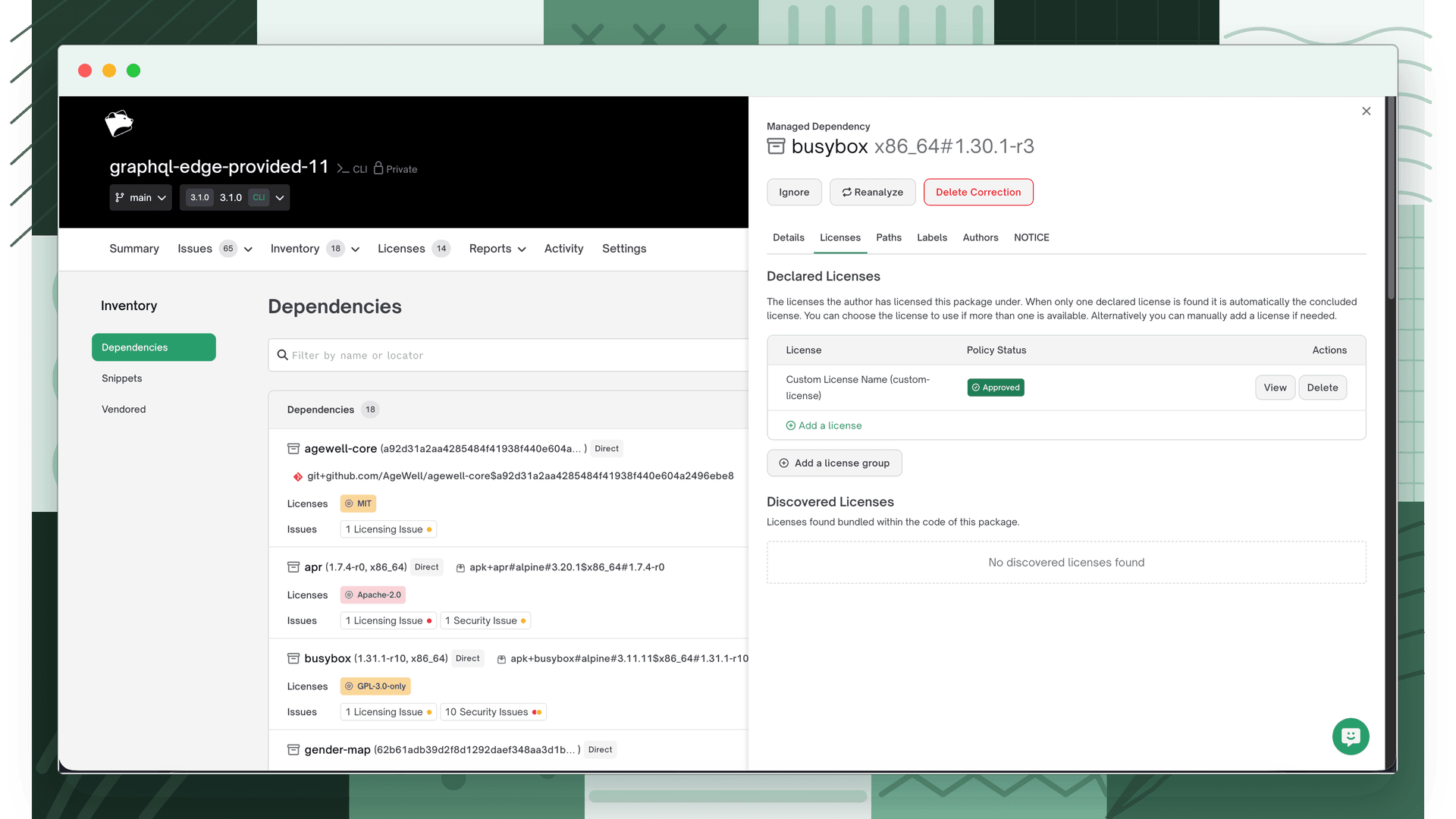 Dependency Licenses tab showing the saved custom license with Approved status