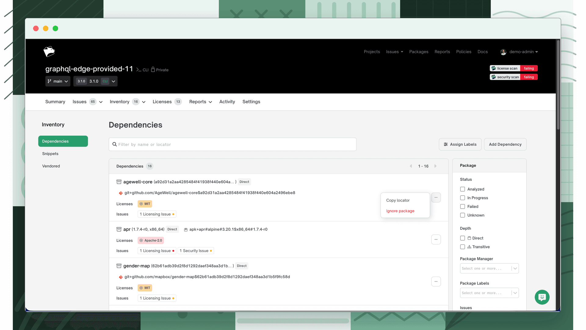 Overflow menu open on a dependency row showing Copy locator and Ignore package options