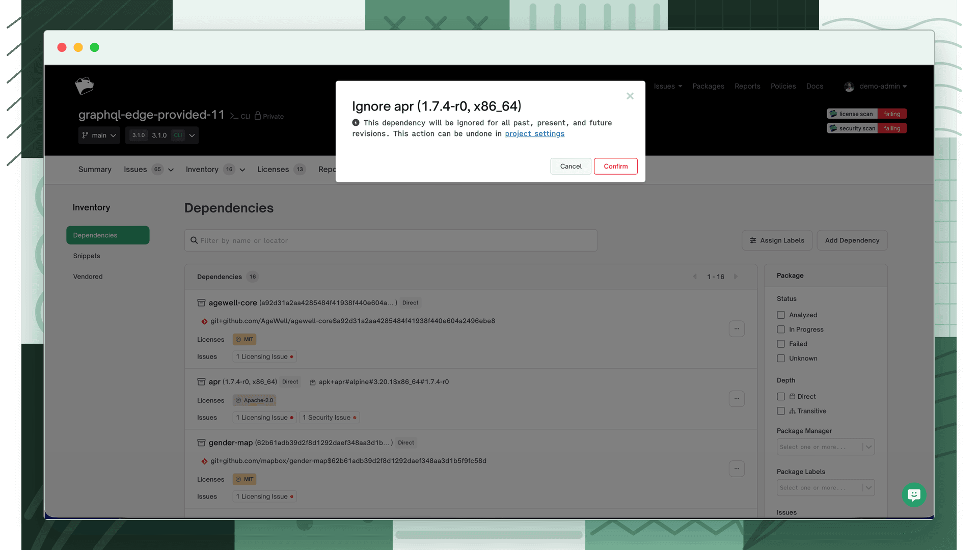 Confirmation modal for ignoring a dependency, showing the scope warning and Cancel and Confirm buttons