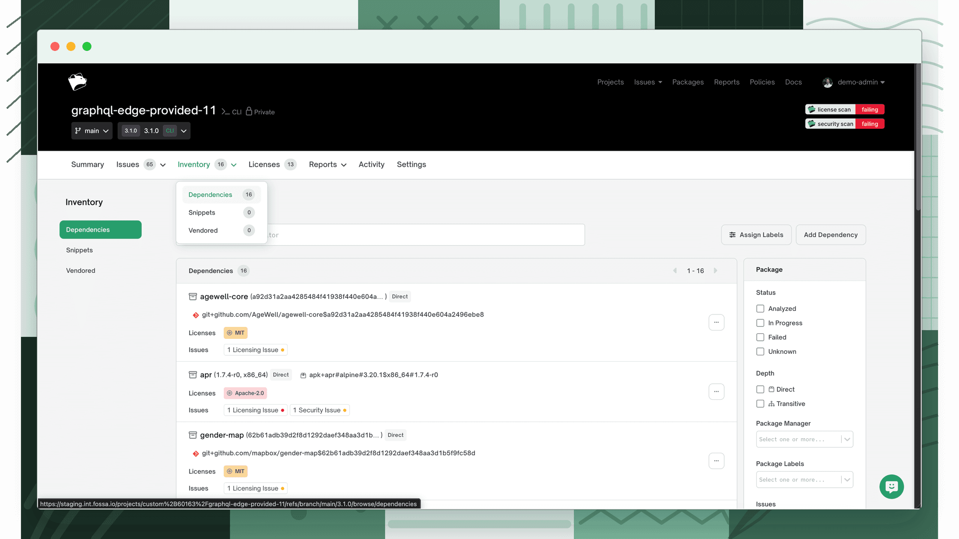 Inventory dropdown open showing Dependencies, Snippets, and Vendored sub-tabs