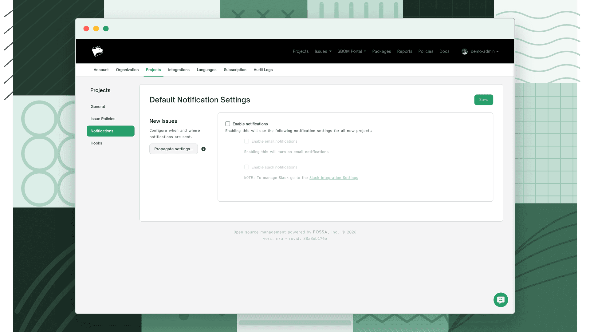 Organization Settings Default Notification Settings panel with Propagate settings button