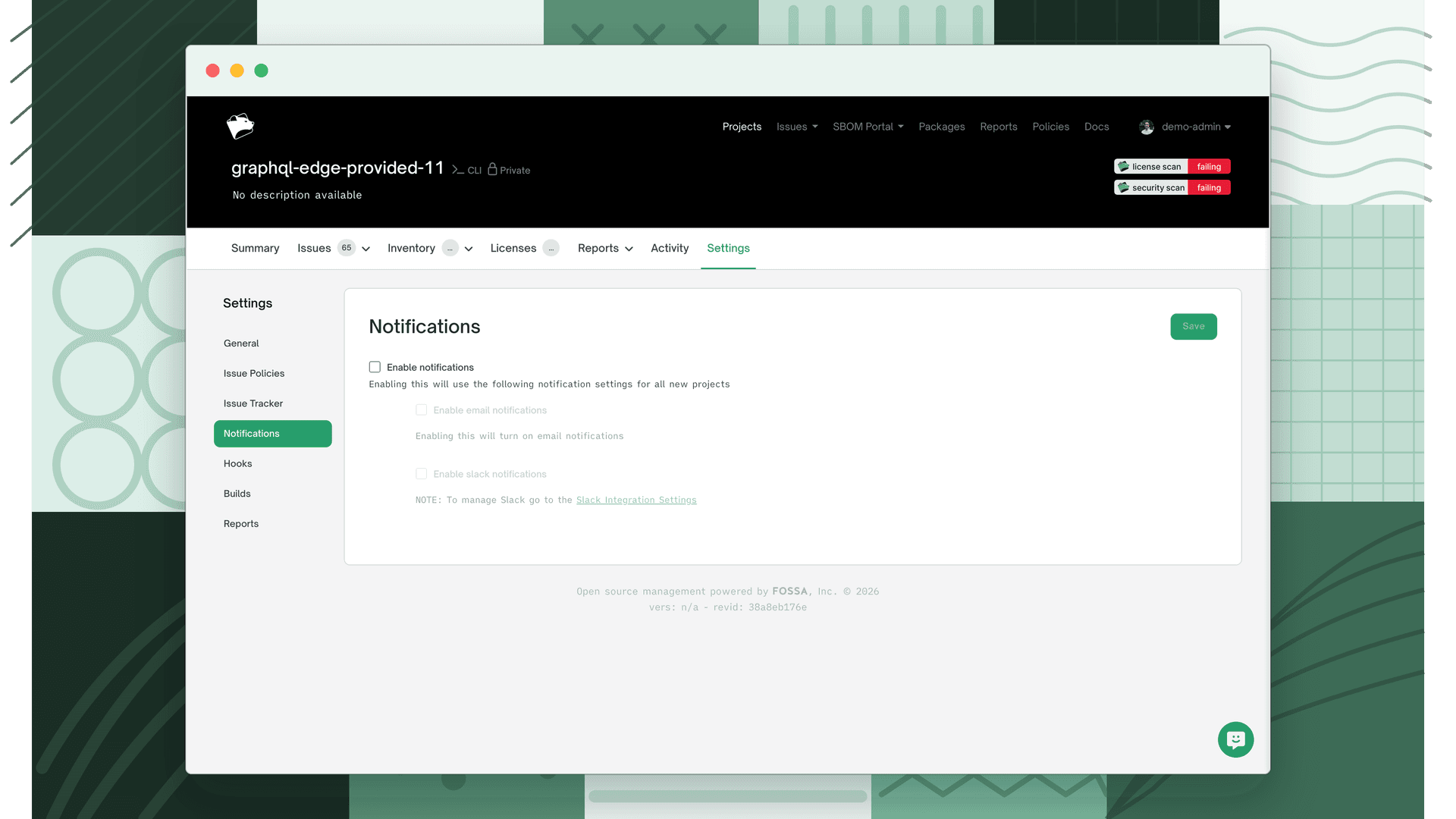 Project Settings Notifications panel showing email and Slack notification toggles