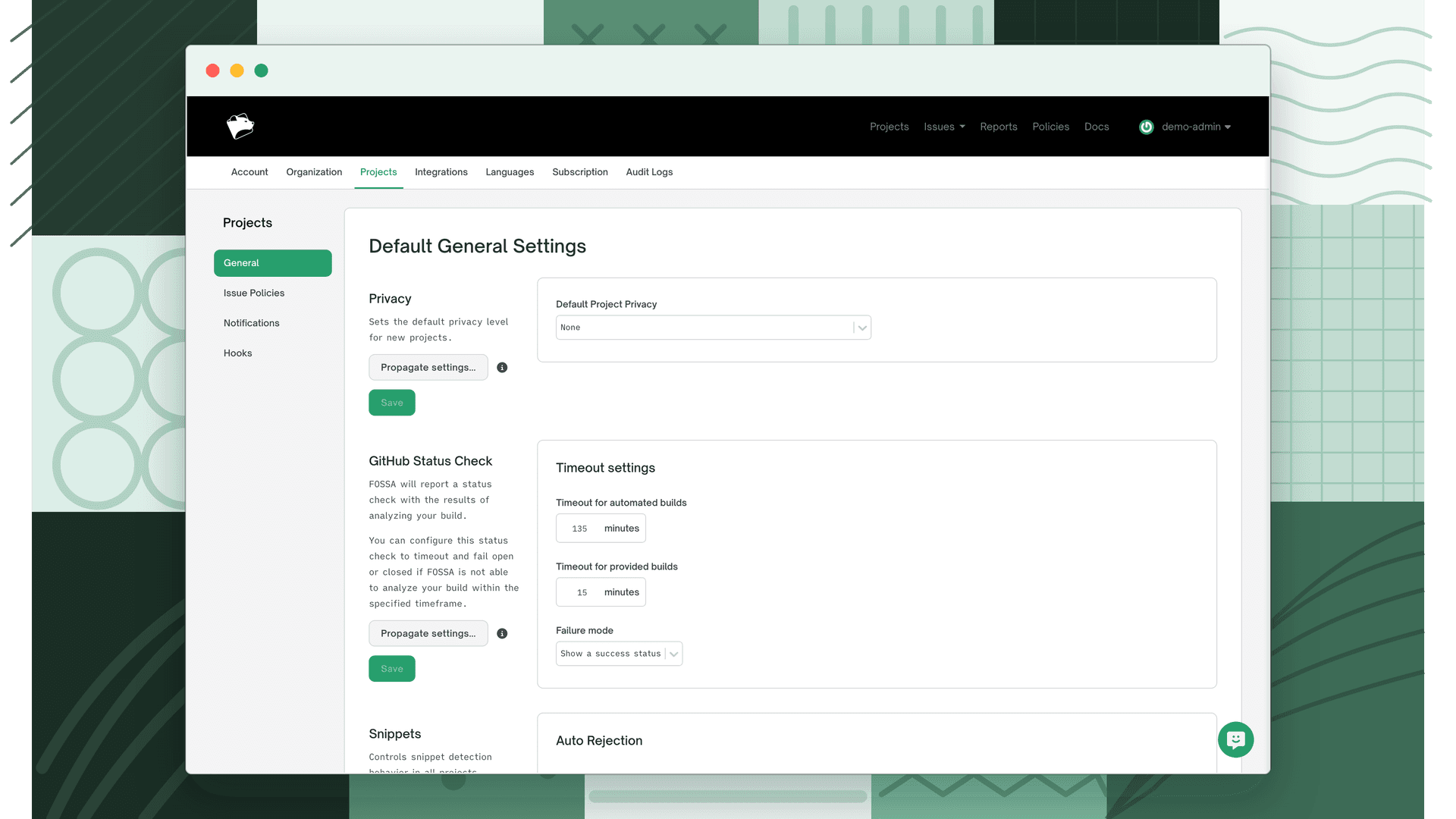 FOSSA Settings > Projects > General page showing GitHub Status Check timeout and failure mode configuration