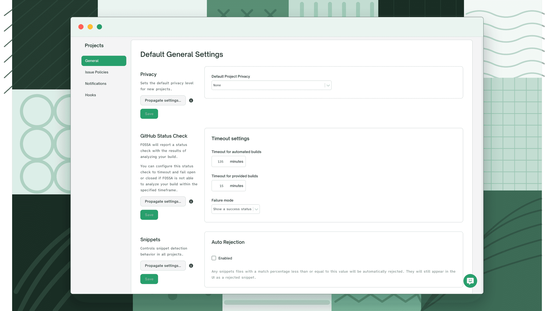Organization Settings Default General Settings page showing the Privacy section with Default Project Privacy dropdown set to None and a Propagate settings button