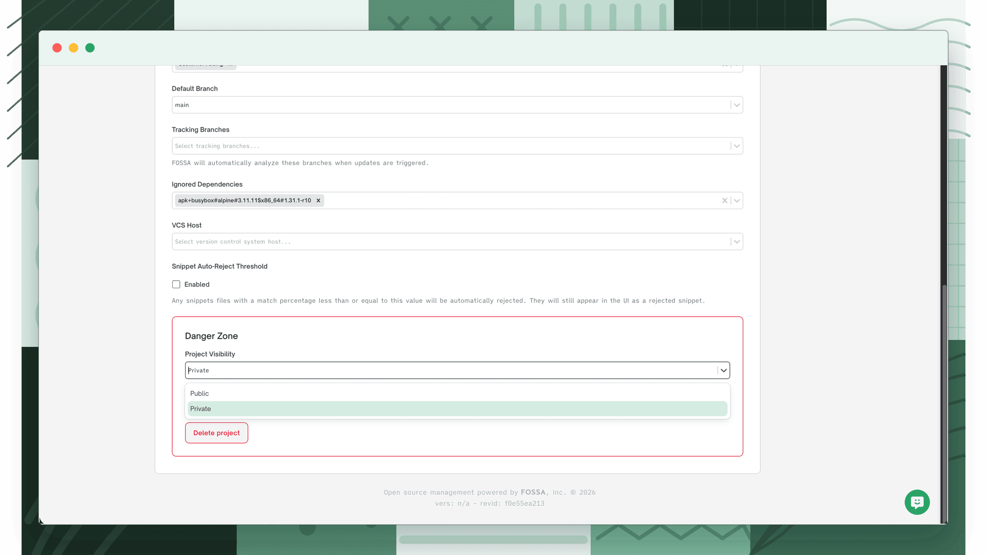Danger Zone section showing Project Visibility dropdown with Public and Private options, and the Delete project button