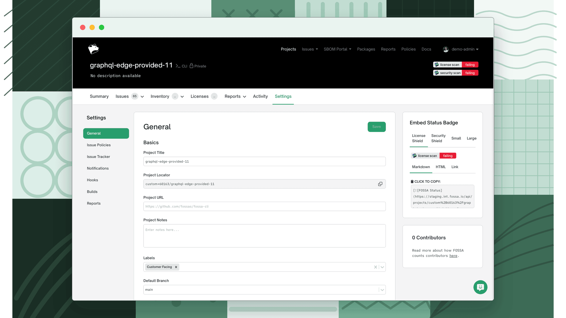 General project settings page showing title, locator, URL, notes, labels, and branch fields