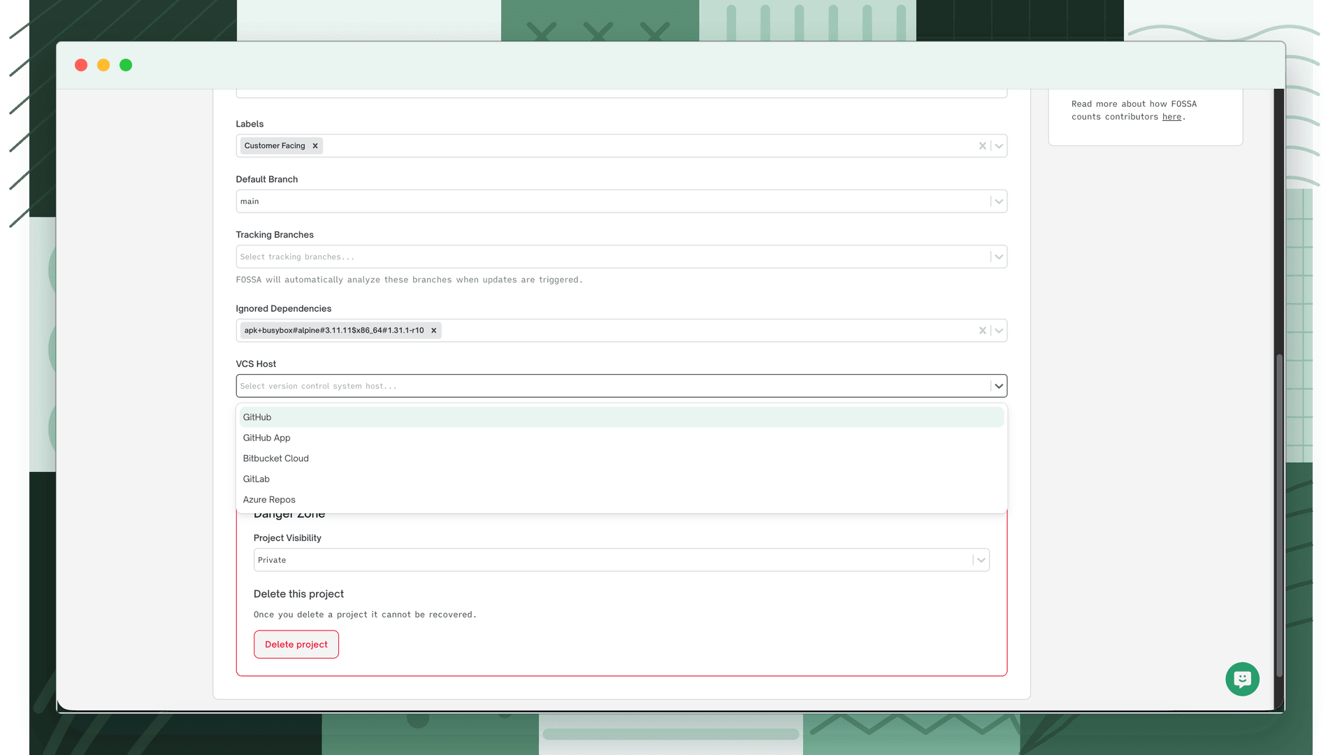 VCS Host dropdown showing GitHub, GitHub App, Bitbucket Cloud, GitLab, and Azure Repos options