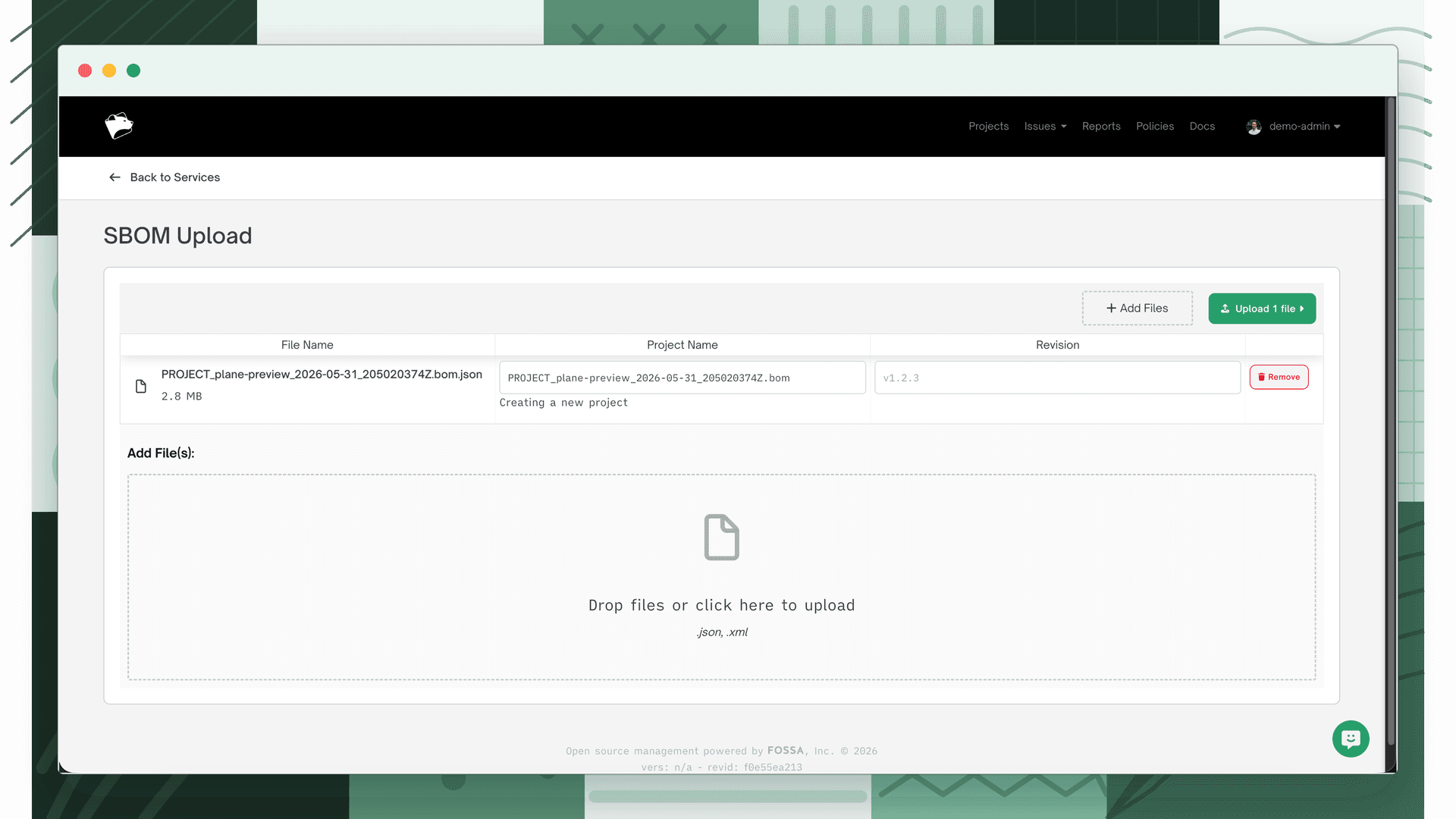 SBOM Upload wizard with a file loaded, showing the Project Name and Revision fields