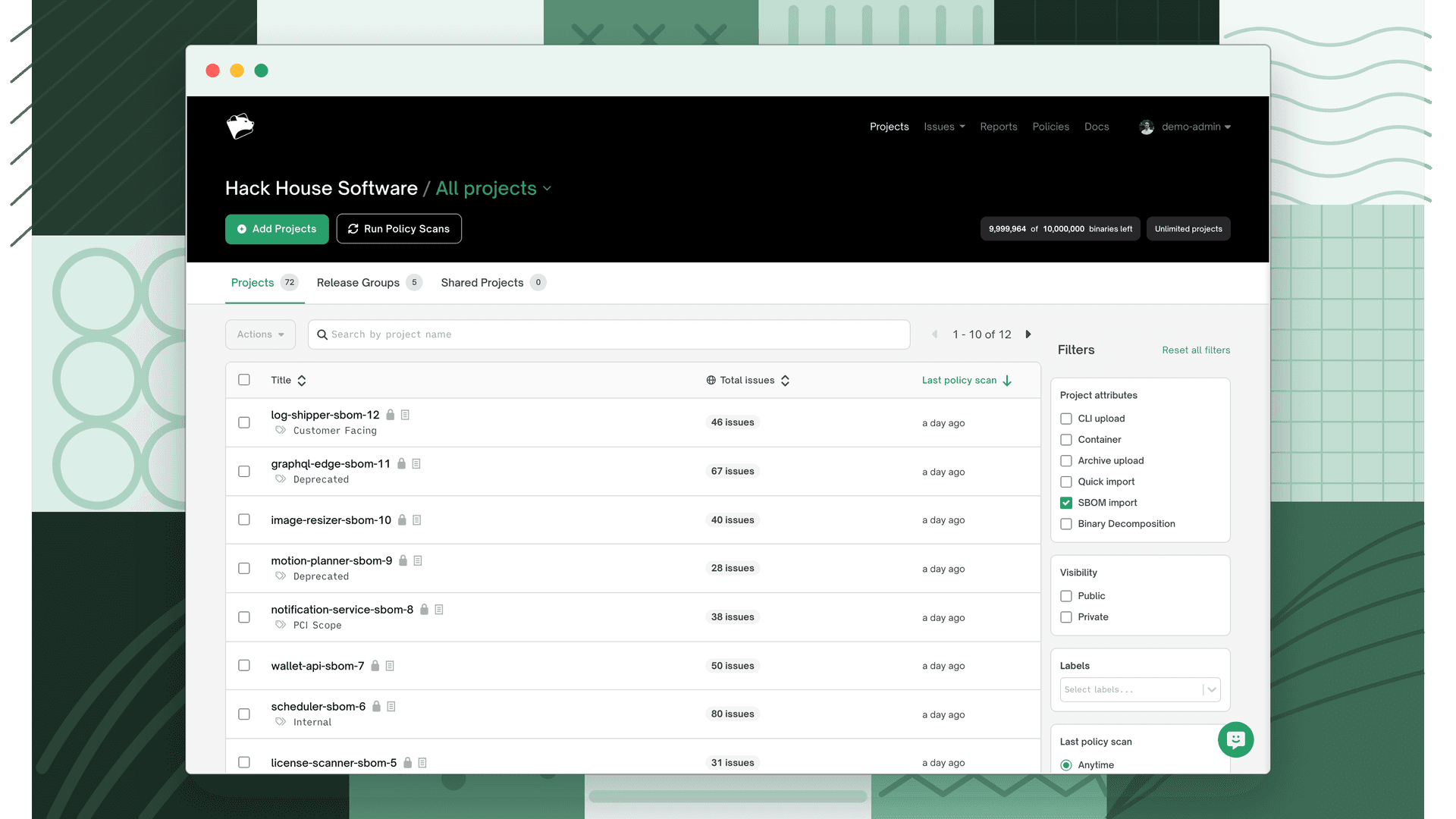 SBOM projects in the Projects list with the SBOM import filter applied