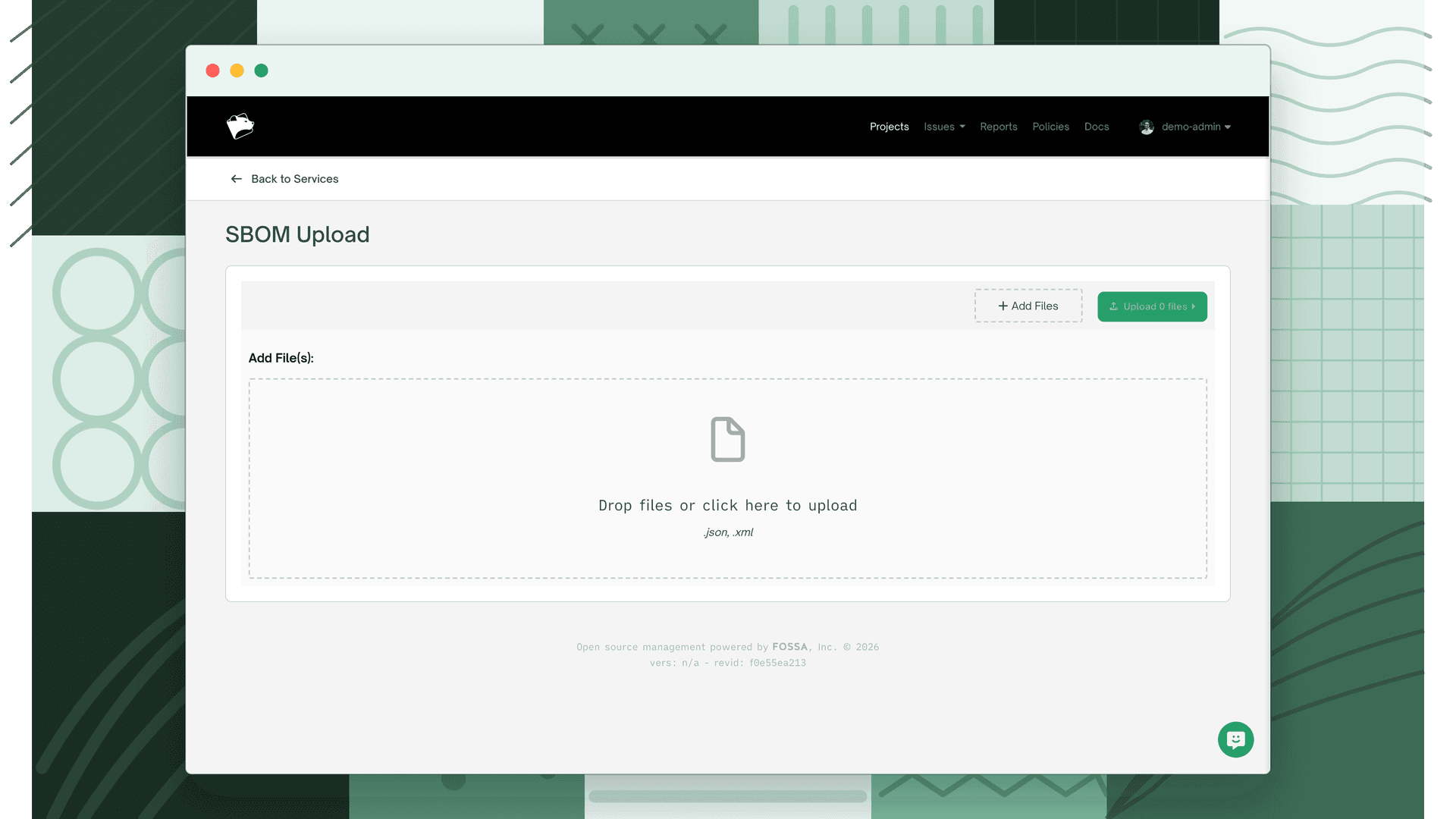 SBOM Upload wizard showing the file drop zone
