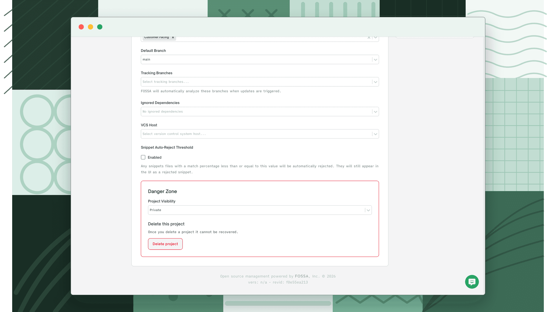 Project Settings General page showing the Snippet Auto-Reject Threshold toggle and enabled checkbox