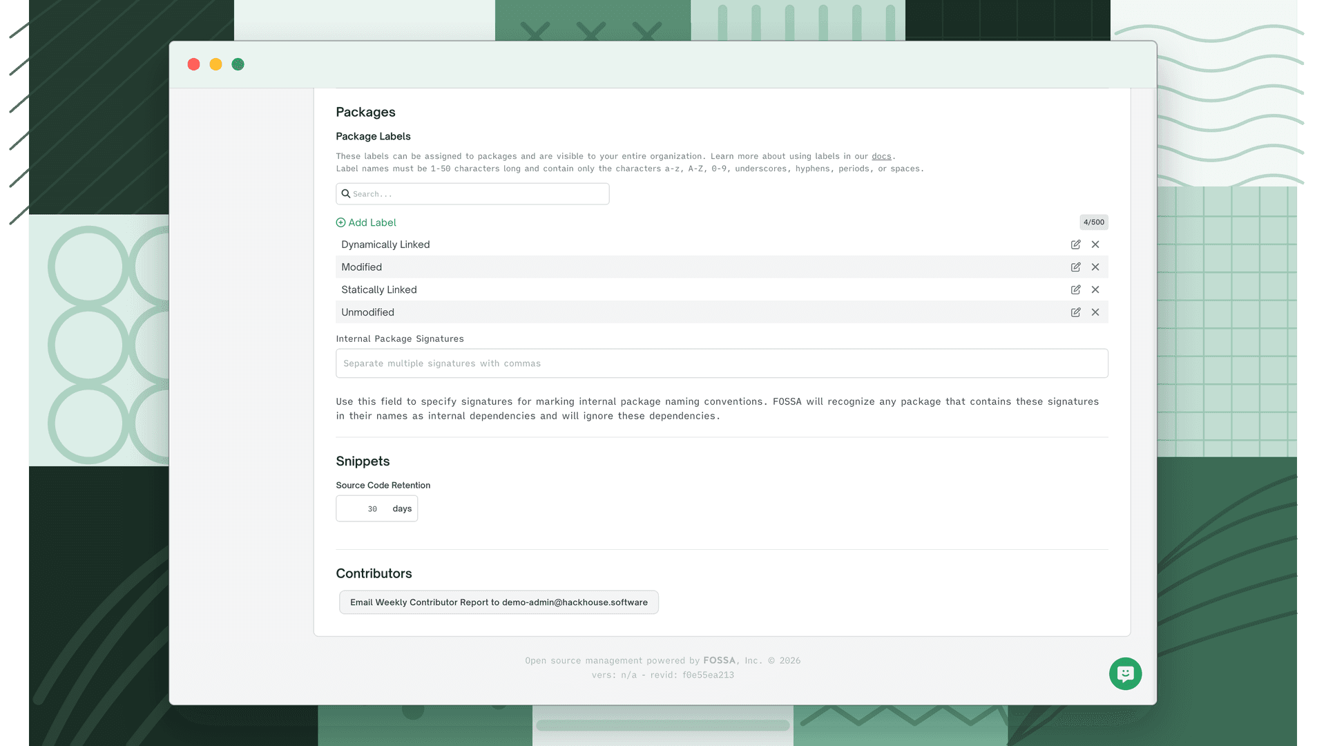 Organization Settings General page showing the Snippets section with the Source Code Retention field set to 30 days