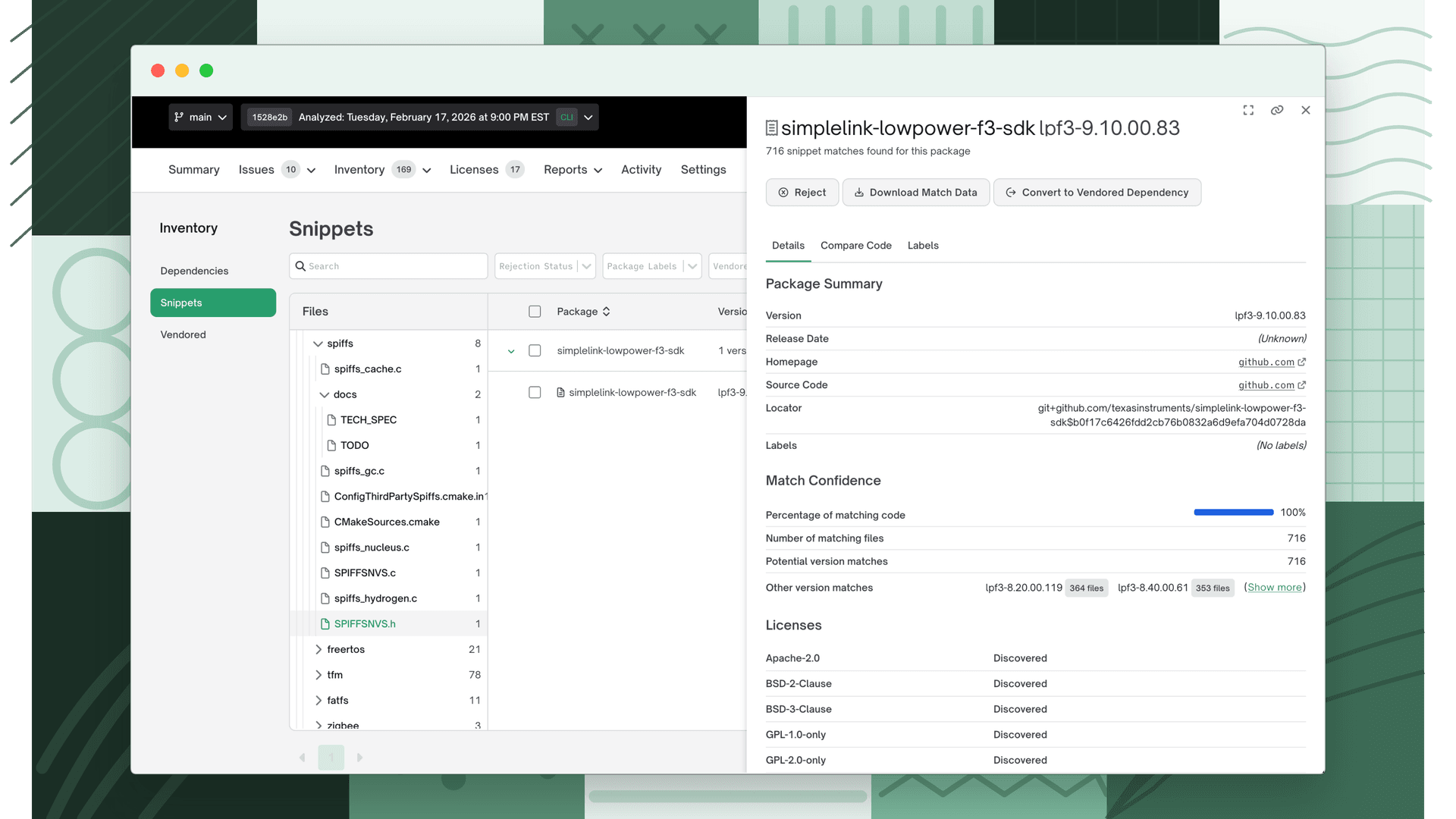 The Snippet Details drawer open on the Details tab, showing package summary, match confidence, and licenses