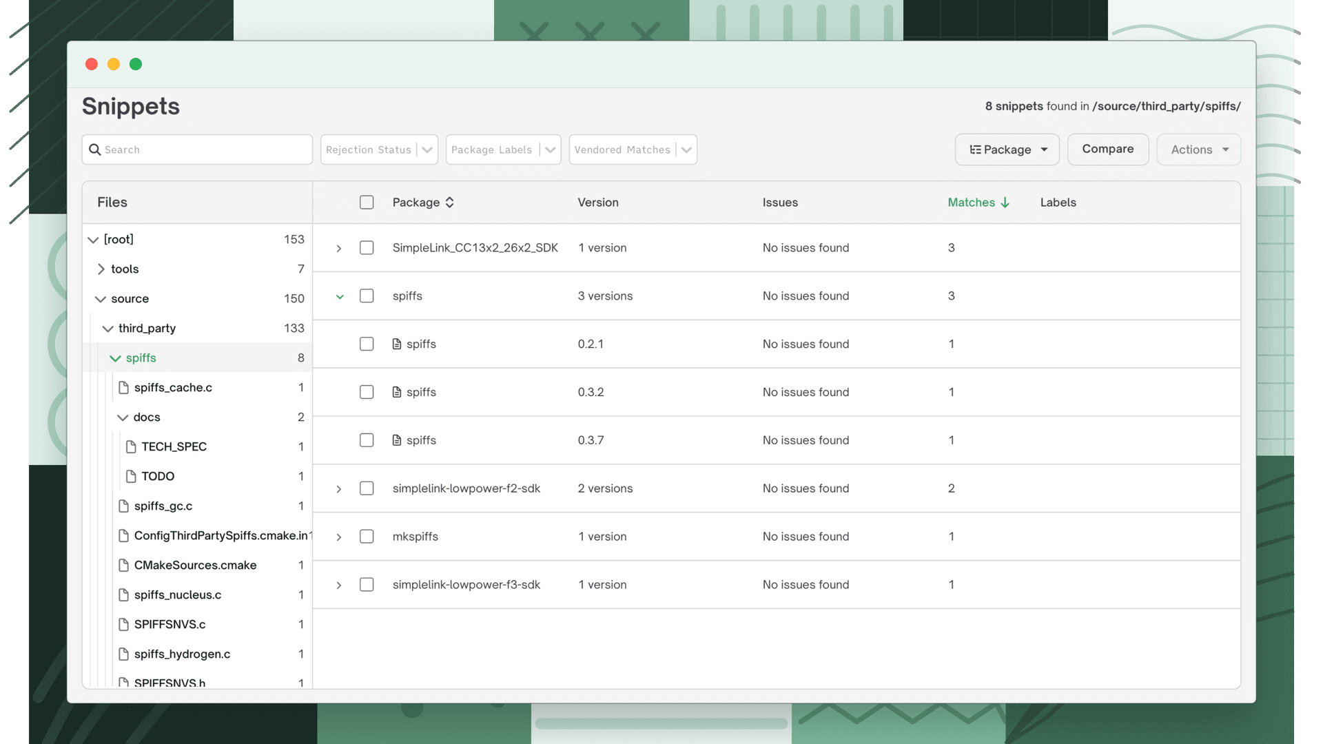 The Snippets tab with the project file tree on the left and the snippet table on the right