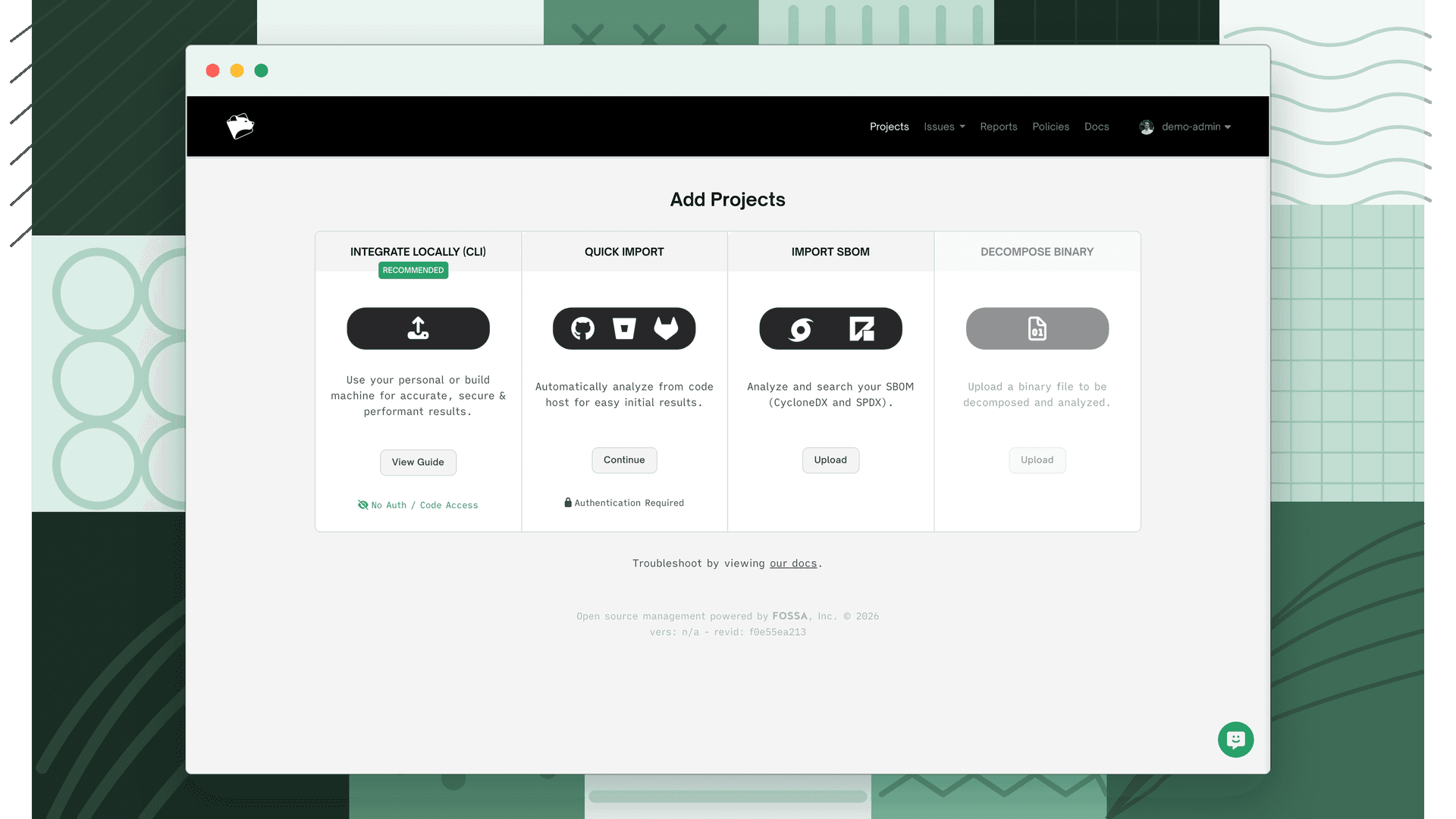 The Quick Import screen showing GitHub, Bitbucket, GitLab, Azure Repos, and other VCS options