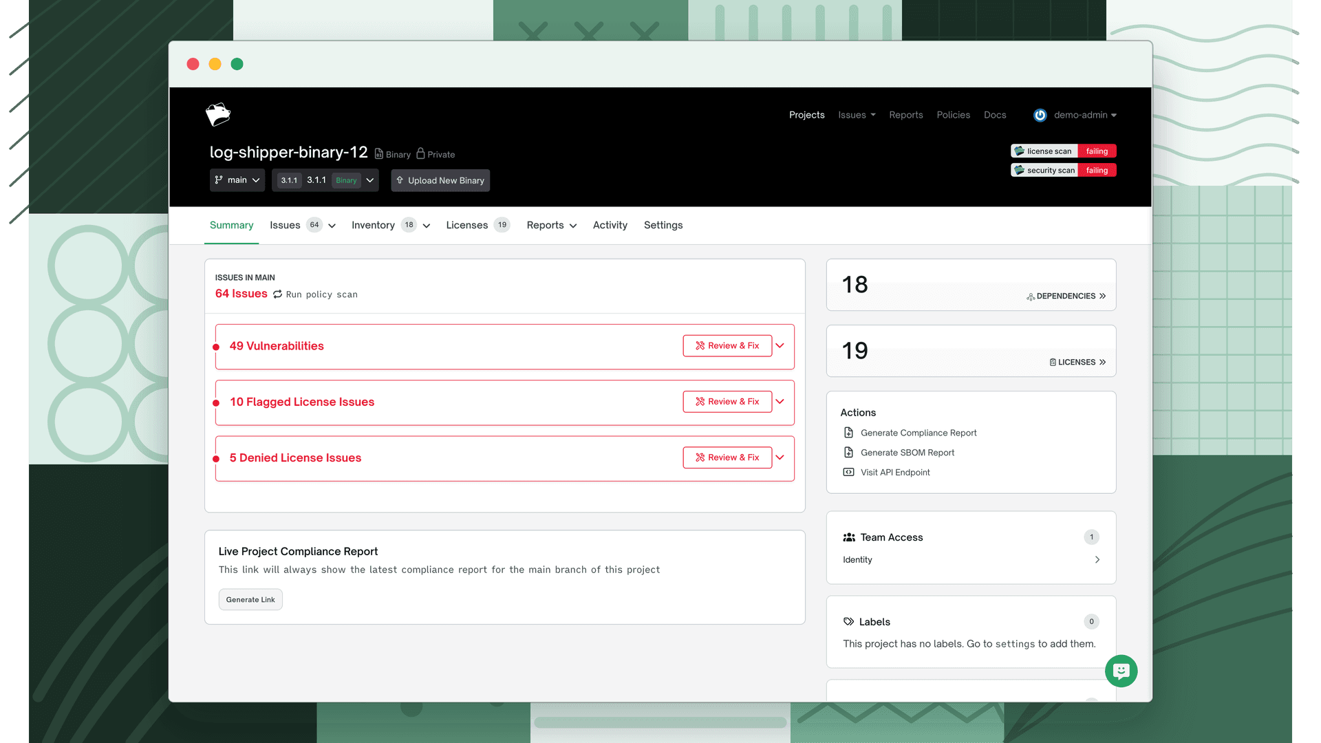 FOSSA project Summary tab showing 64 issues broken down by vulnerabilities and license issues, with dependency and license counts in the sidebar