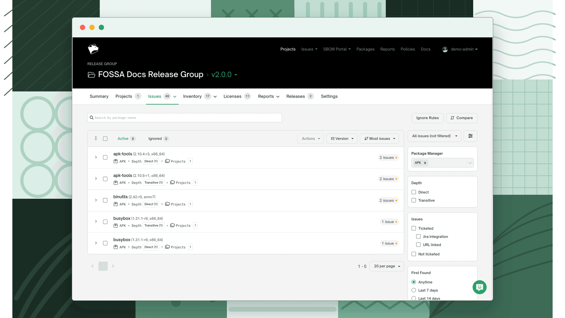 Release group Issues tab showing the Licensing sub-category active with a list of issues and the Compare button in the top right