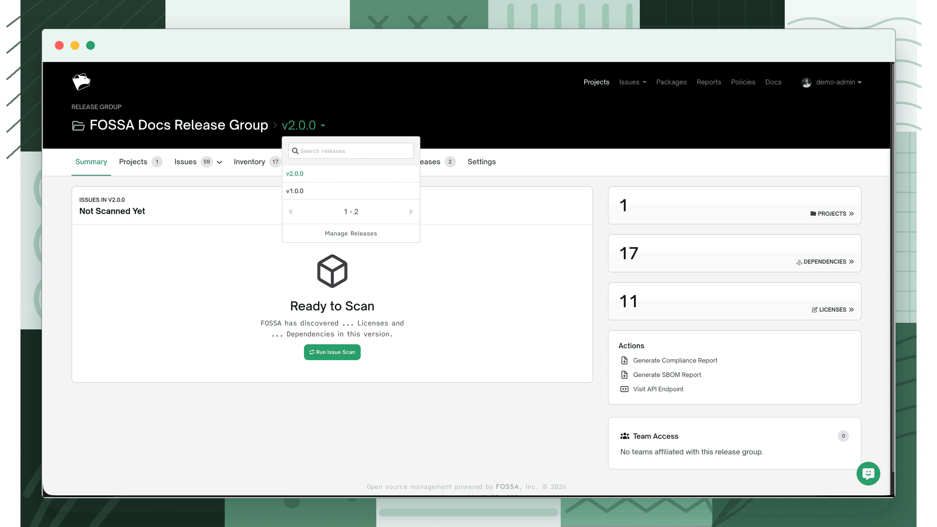 Release group Summary tab showing the release selector in the header, issue count with Run policy scan link, and the Actions panel