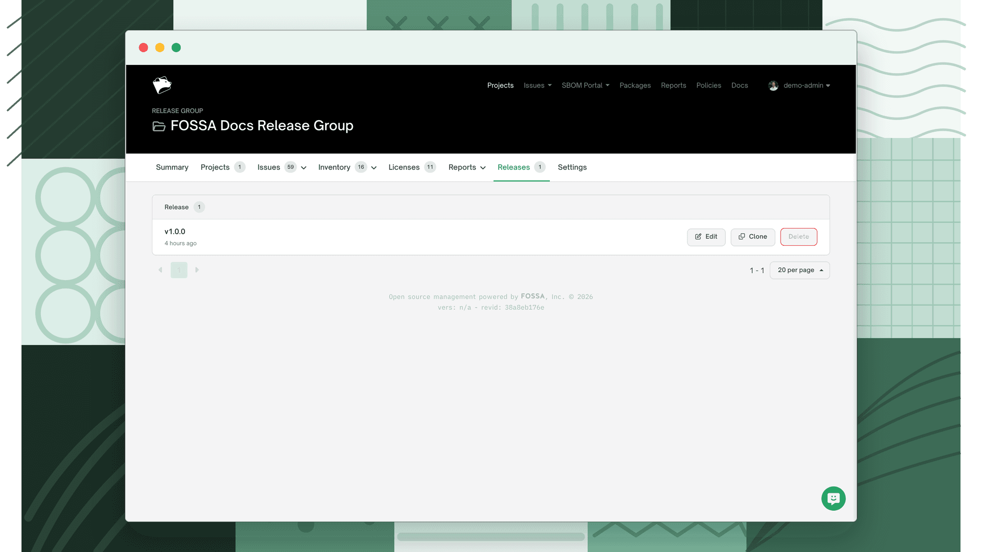 Releases tab of a release group showing each release's title and creation date with edit, clone, and delete actions