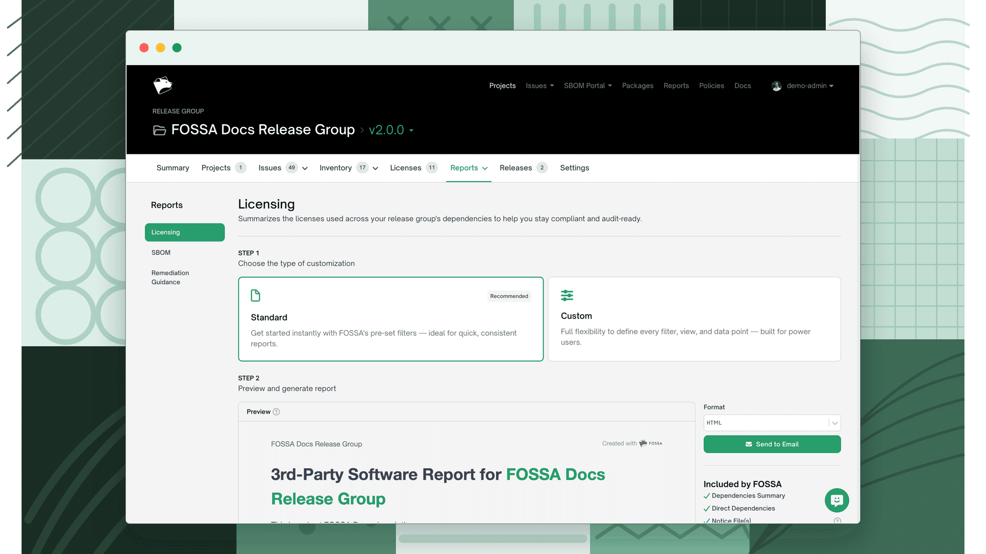 Release group Reports page showing the Licensing report selected, with a sidebar listing Licensing, SBOM, and Remediation Guidance report types, and a two-step generation workflow with Standard and Custom options