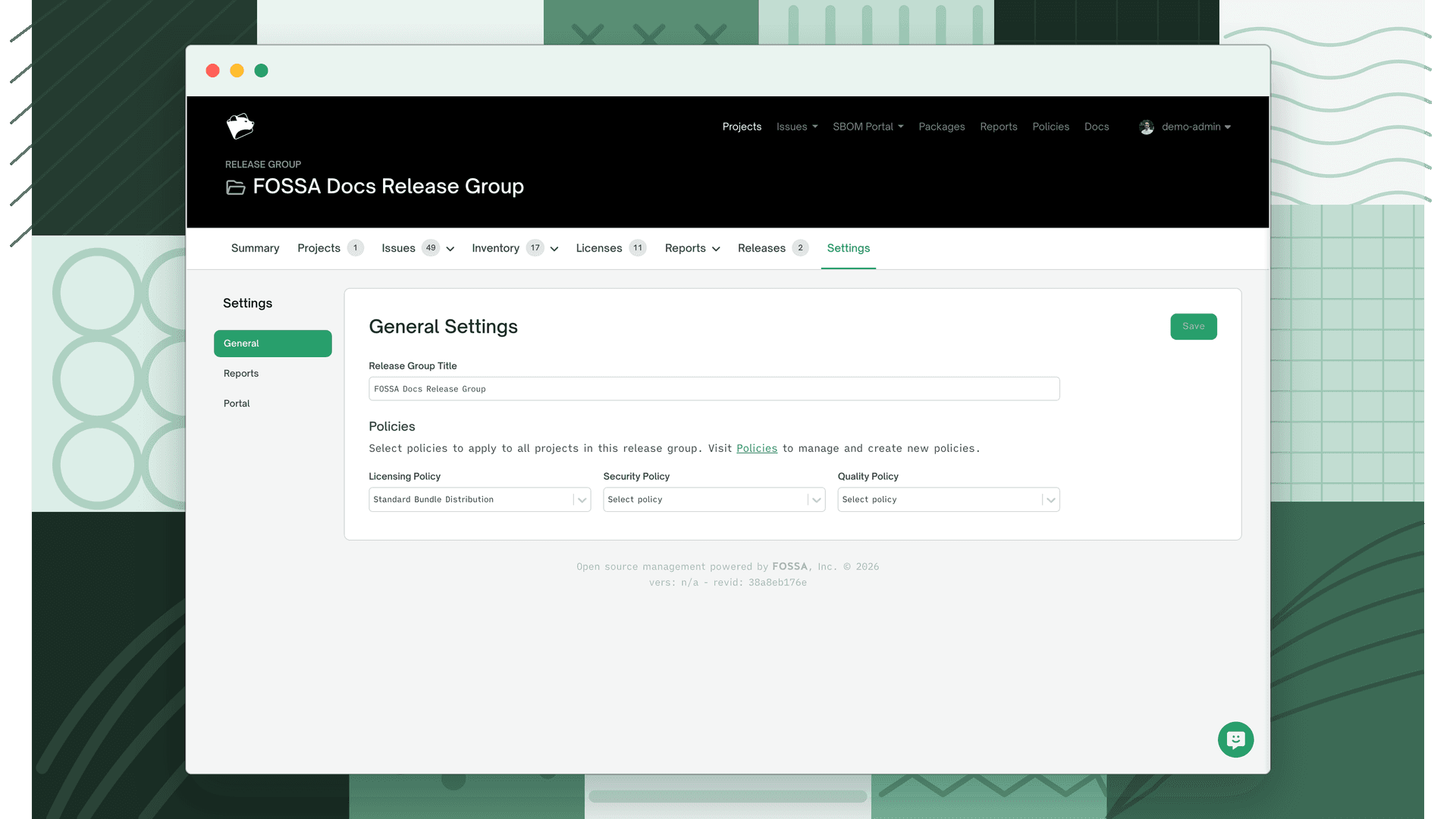 Release group General Settings page showing the Release Group Title field and Licensing, Security, and Quality policy dropdowns