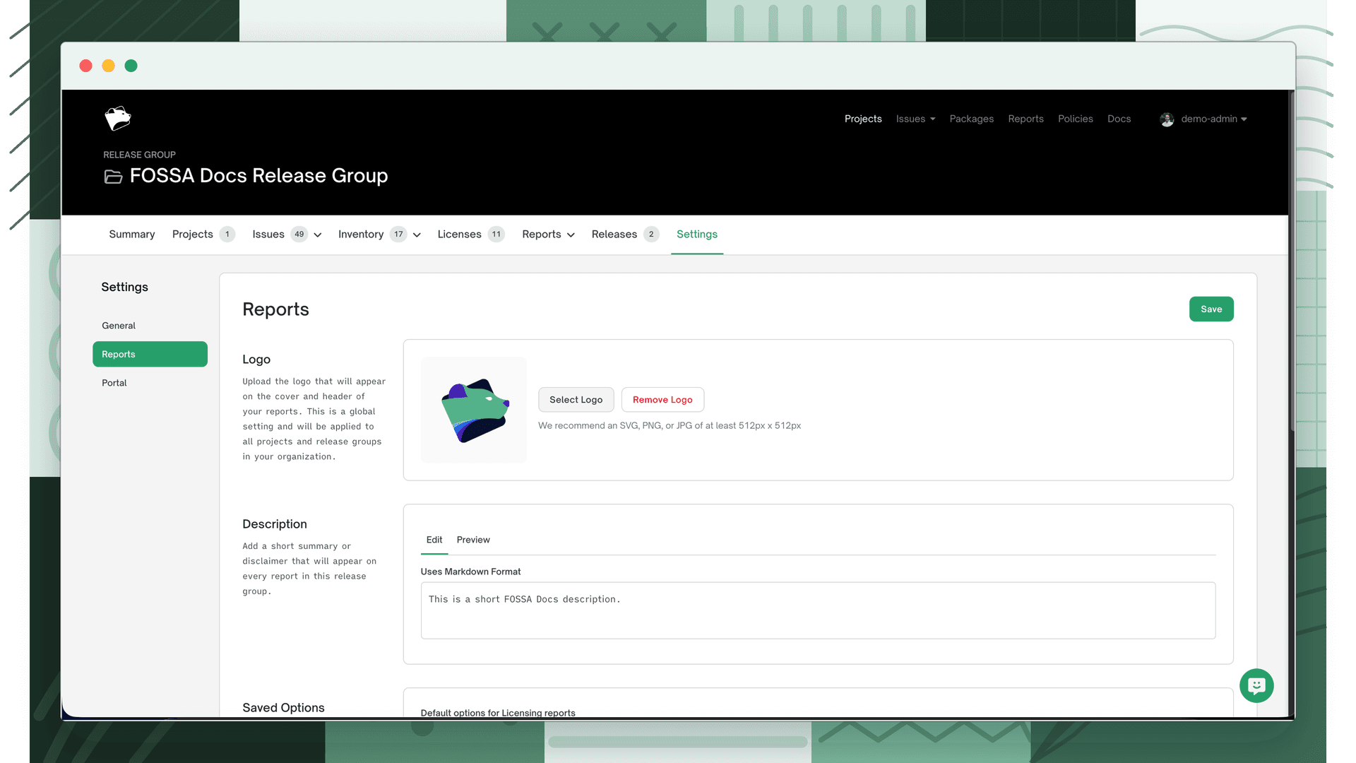 Release group Settings Reports page showing Logo upload, Description editor with Markdown support, and Saved Options for default Licensing report filters