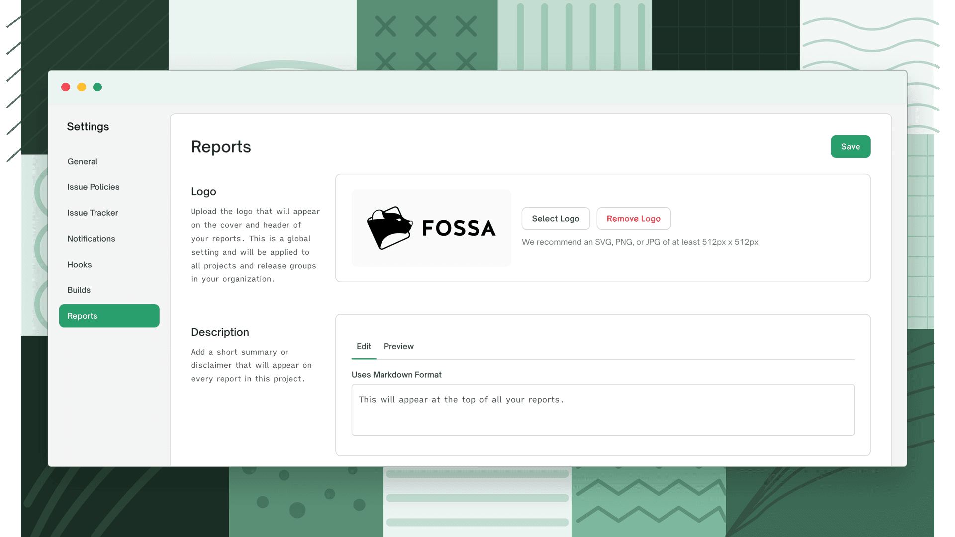 Project Settings report section with the custom report header text field