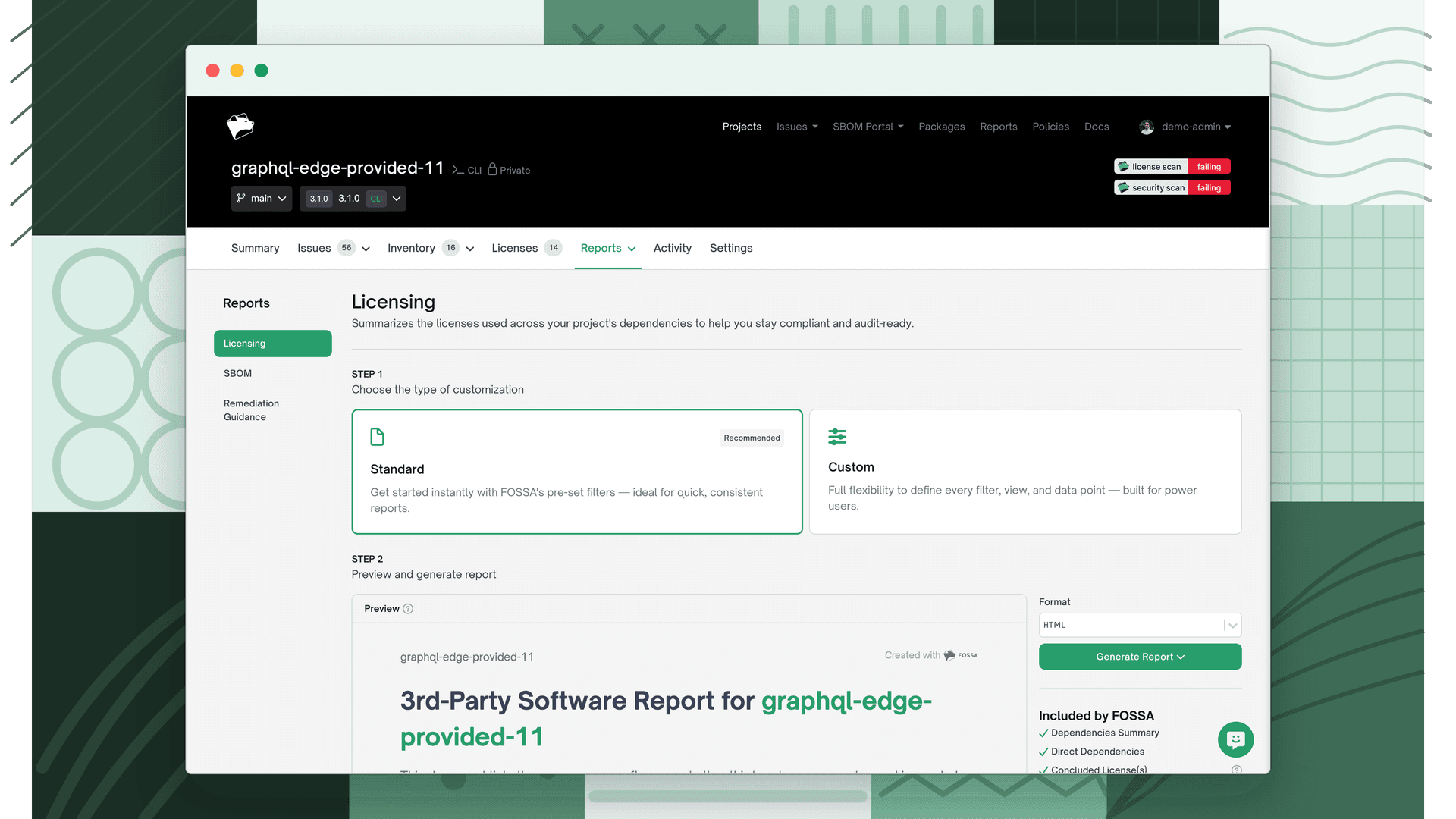 Licensing report builder showing the flow selector, output format, content options, and live preview