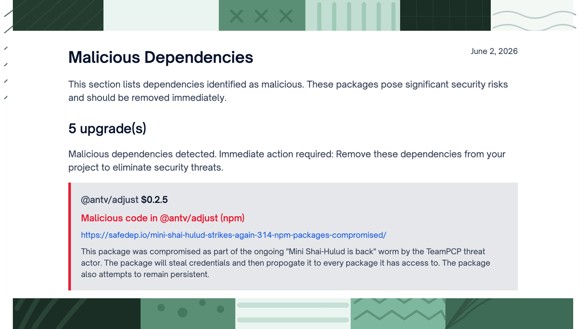 Malicious Dependencies category in the Remediation Guidance report