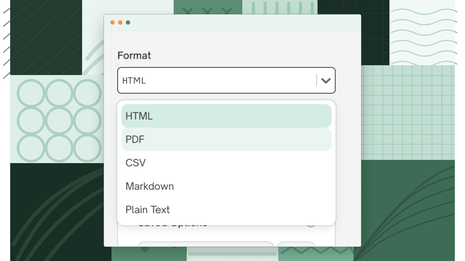 Output format dropdown open, showing HTML, PDF, CSV, Markdown, and Plain Text options