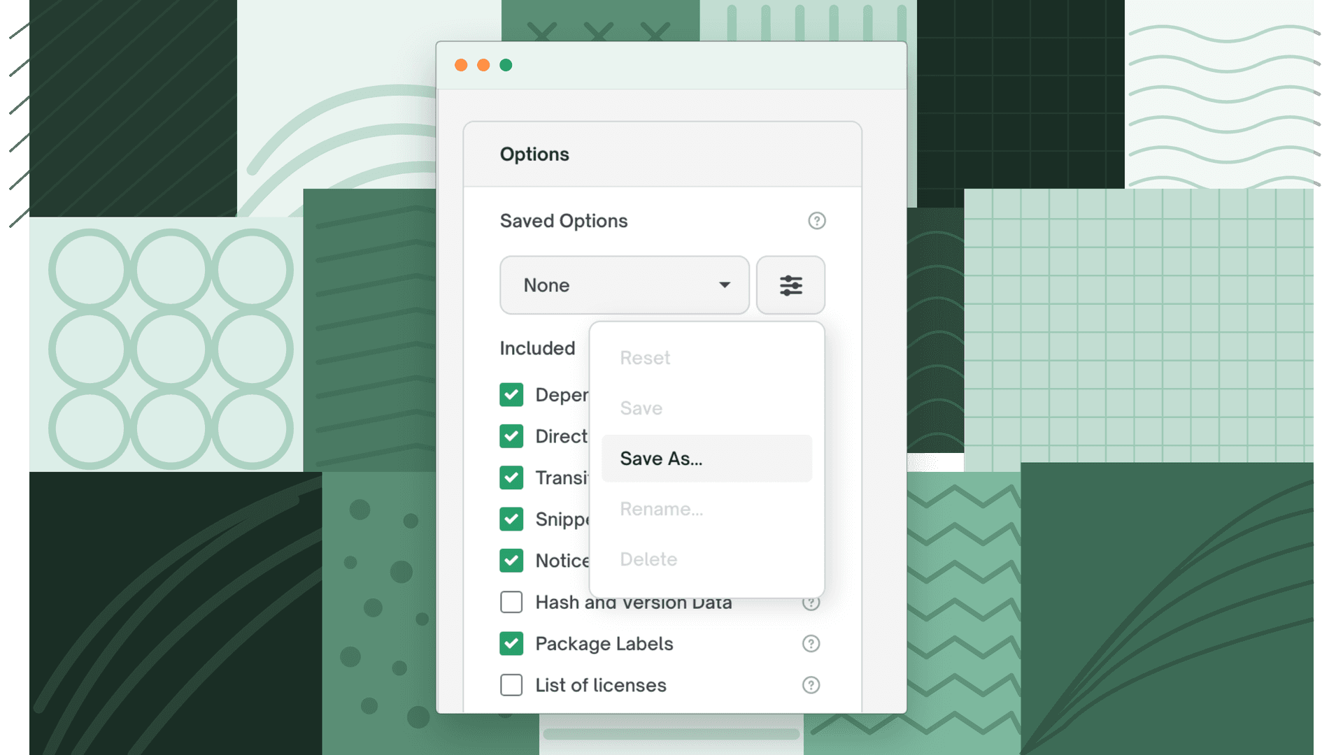 Saved Options dropdown open in the report builder with Save As highlighted