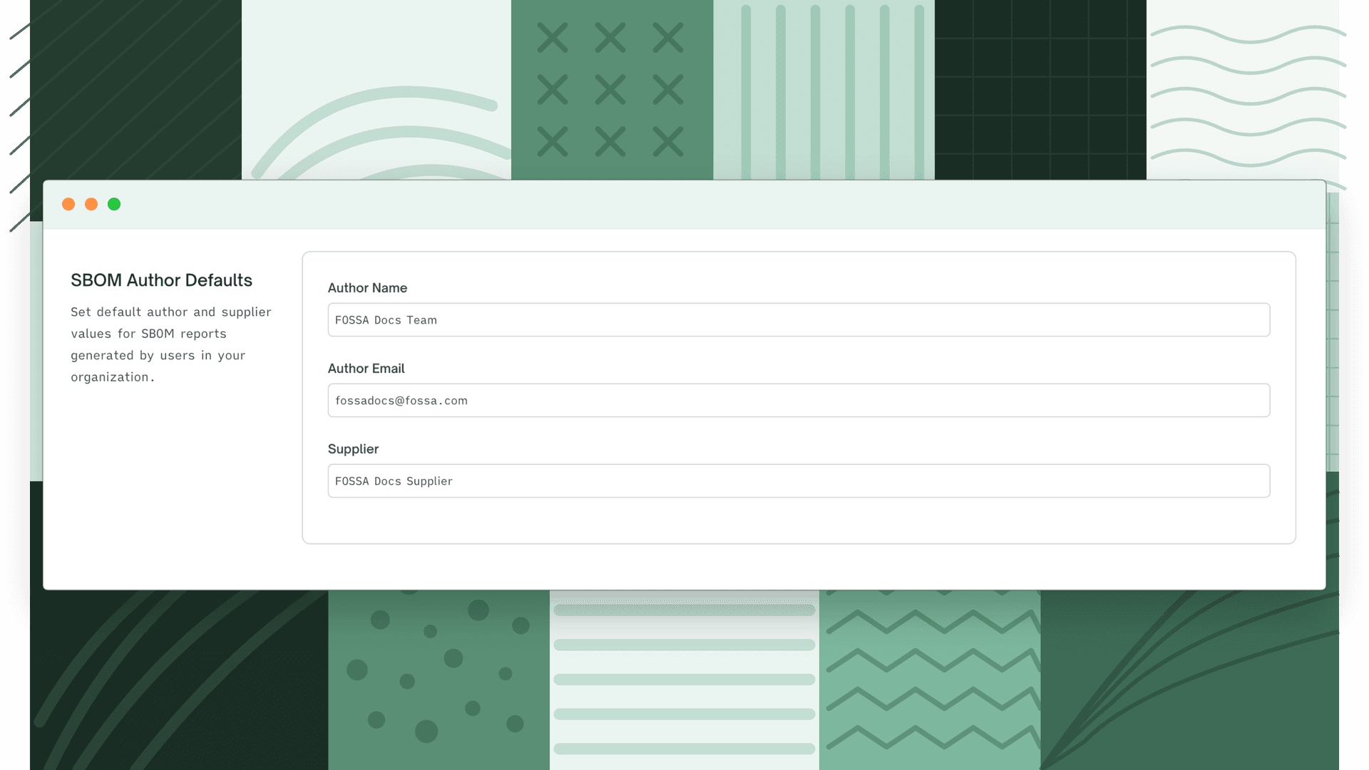 SBOM author defaults section in project settings showing Author Name, Author Email, and Supplier fields