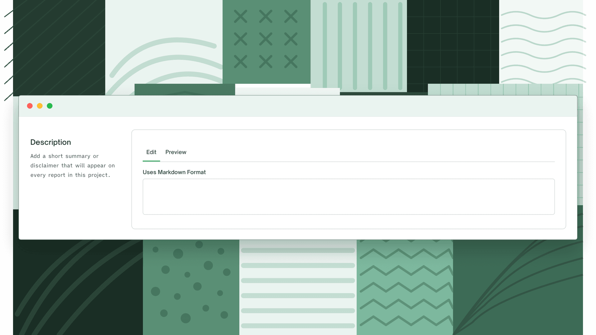 Description field in project report settings with a Markdown editor and Preview tab